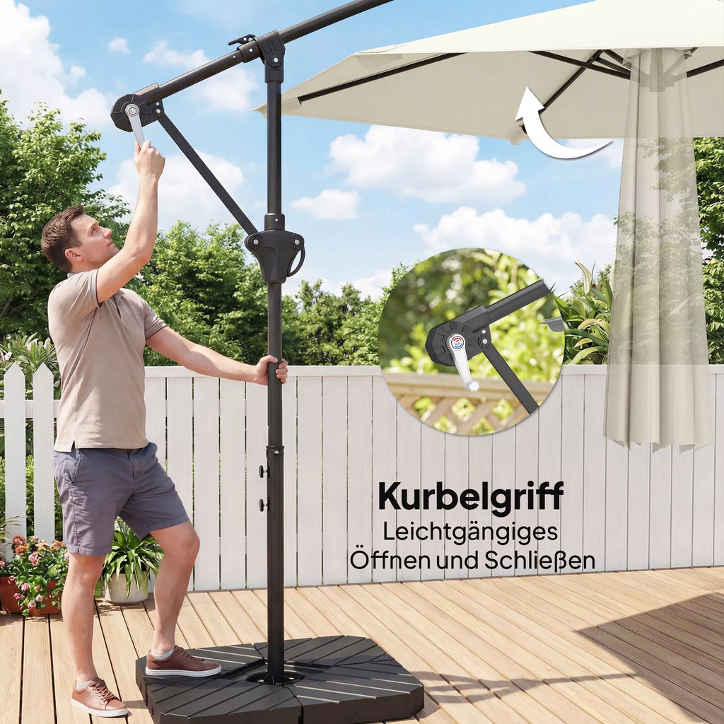 Skėtis su fiksavimo mechanizmu, skersmuo apie 300 cm, skėtis su rankine, stovas, svareliai, kreminė balta spalva