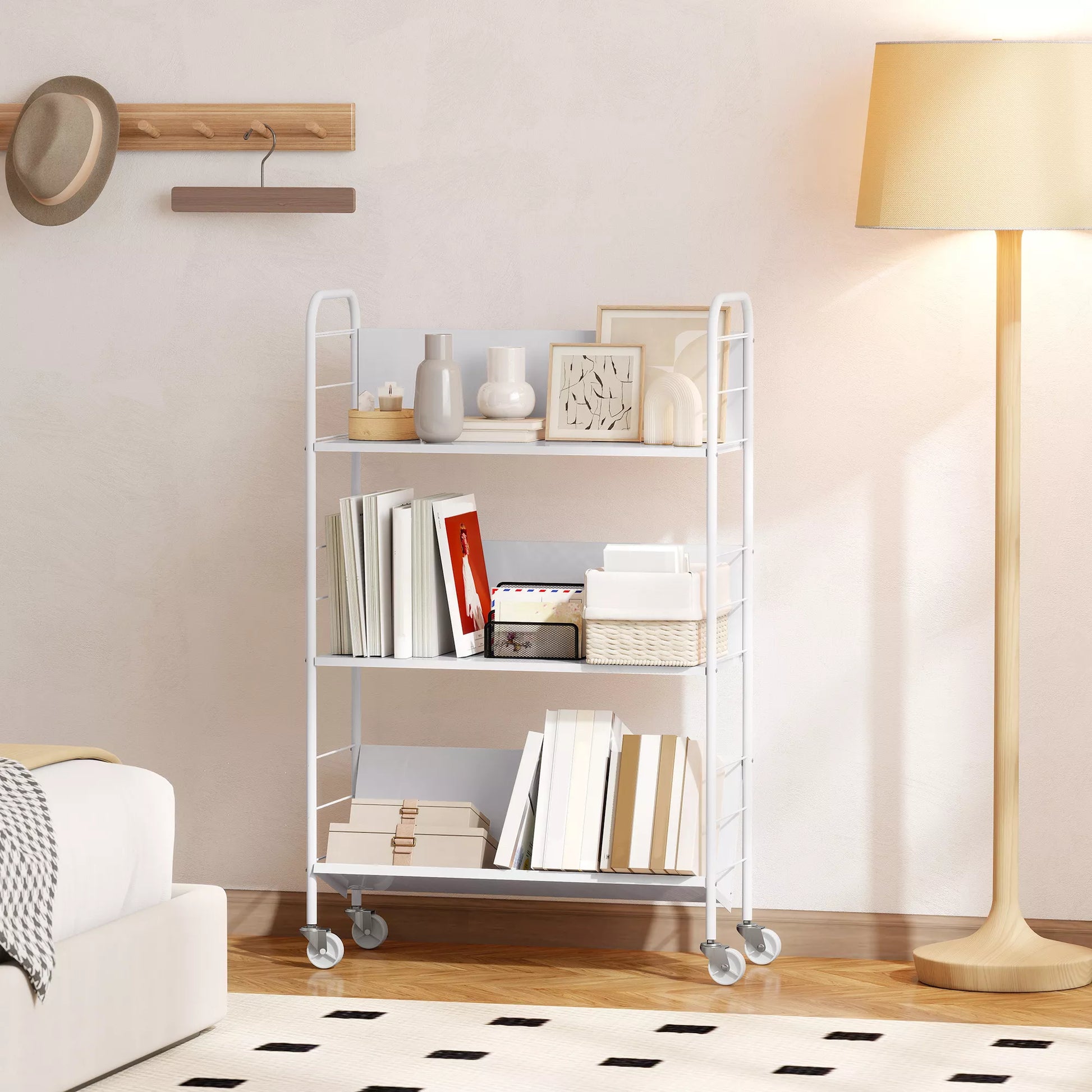 Saugykla su 3 lentynomis, ratukais, žaislų lentyna miegamajam, 69 x 26 x 108 cm, balta