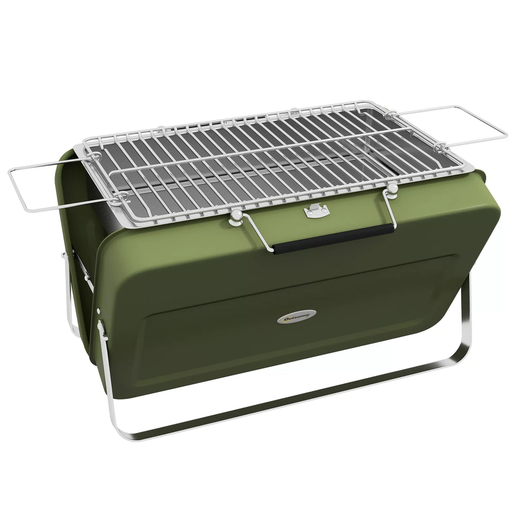 Lauko grilis, mini anglies grilis, sulankstomas, su anglies dėklu ir pelenų surinkimo dėklu, metalinis korpusas, žalias