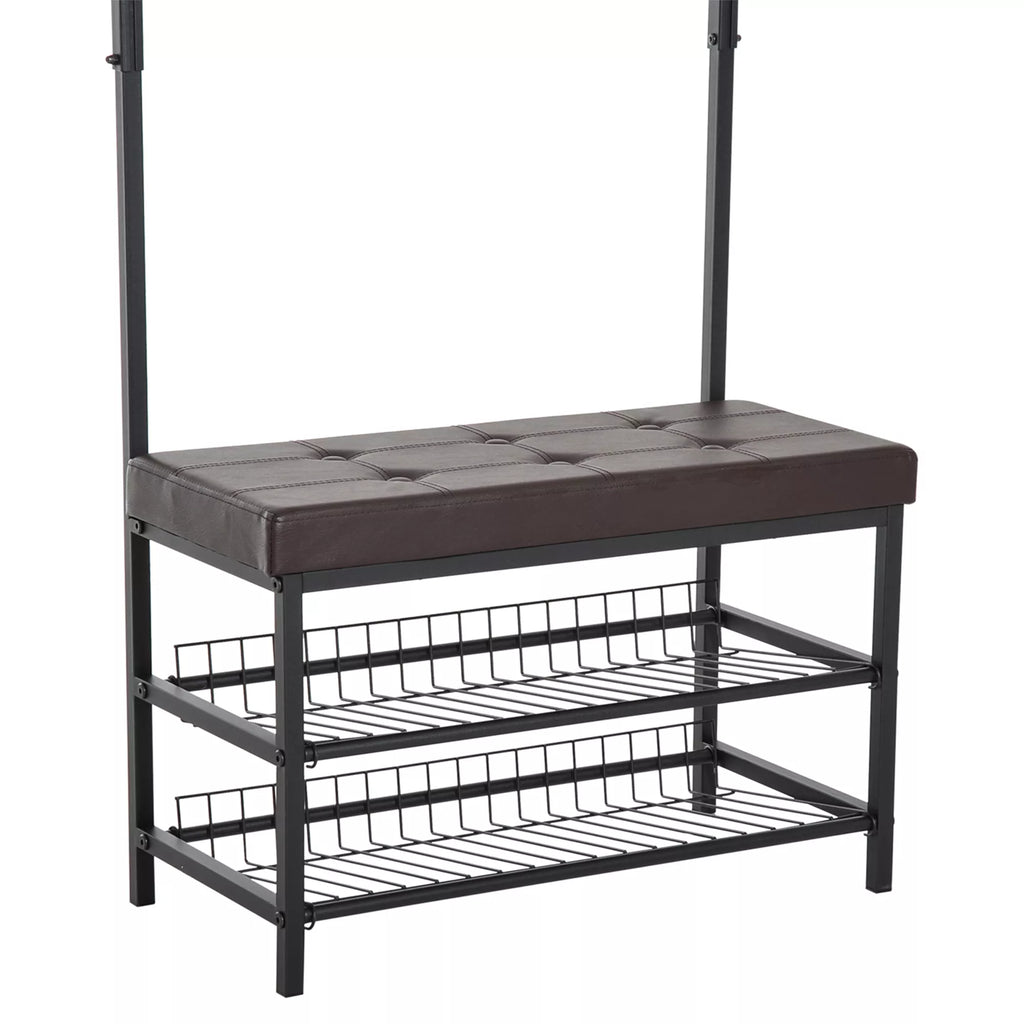 Drabužių stovas su 5 kabliais ir 2 lygių batų dėtuve Metalinis drabužių stovas prieškambariui, miegamajam, 72,5 x 35 x 180 cm