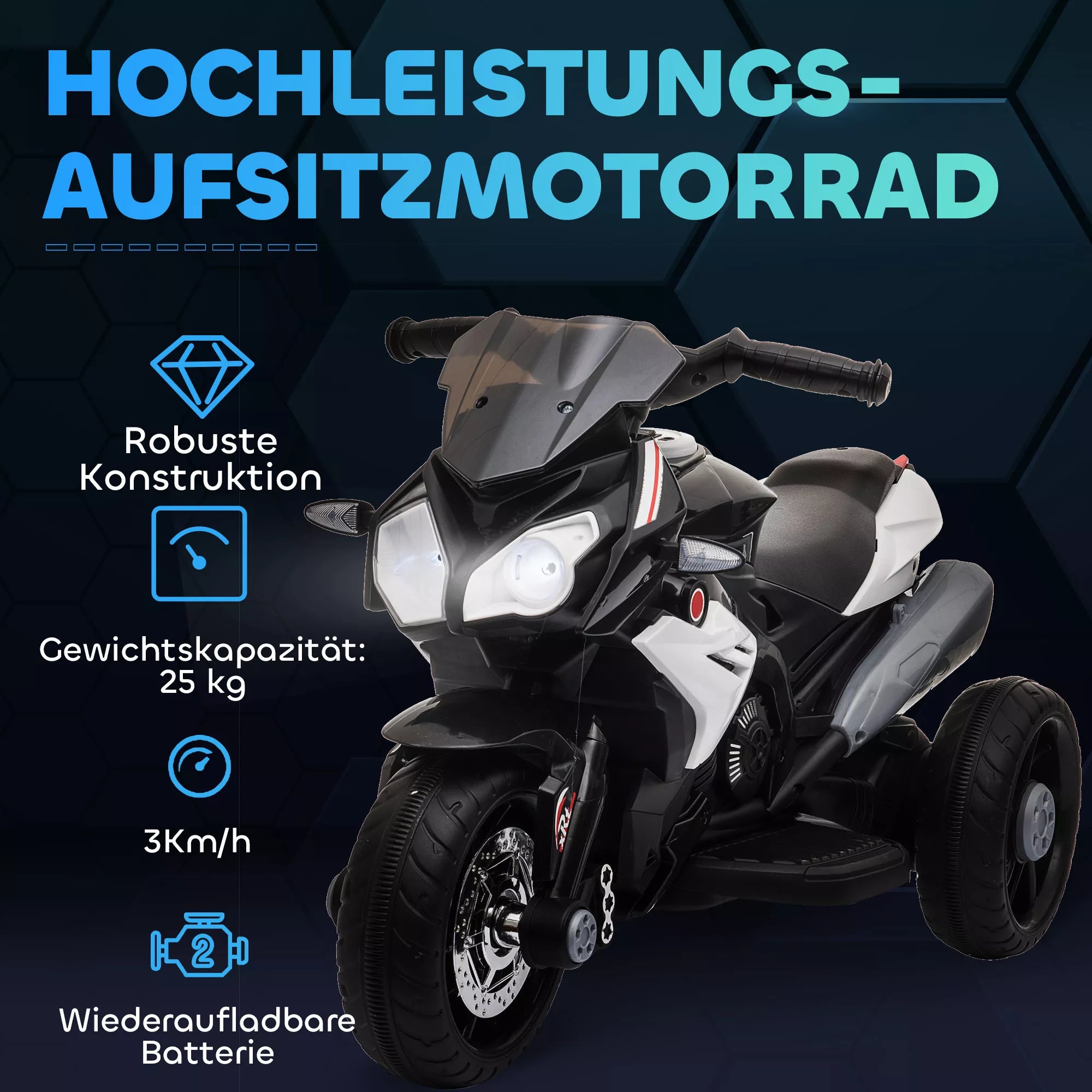 Elektrinis vaikų motociklas, šviesos ir garsai, 3 km/h, įkraunamas, plastikas ir metalas, juodas/baltas
