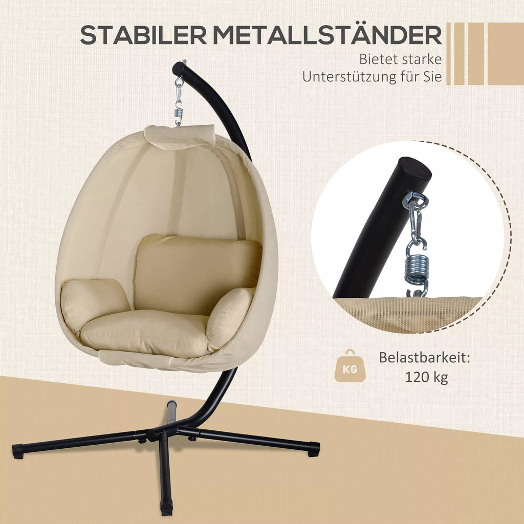 Kabantis krėslas, kiaušinio formos sūpynės su minkštu pagalvėliu, tinka naudoti viduje ir lauke, 125L x 95B x 170H cm, chaki spalvos
