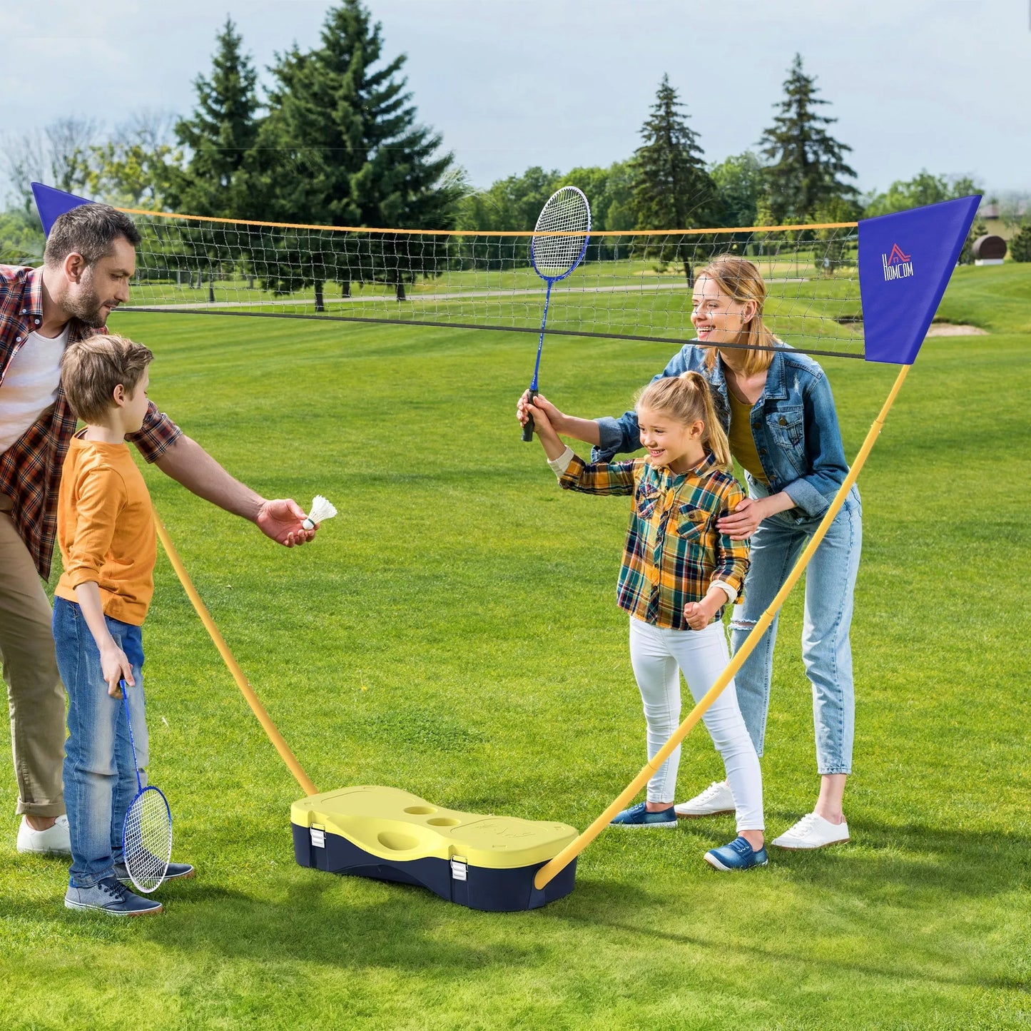 Badmintono tinklas su stovu, nešiojamas tinklo stovas, badmintono tinklas su 4 raketėmis, lauko sportui, geltonai-mėlynas, 286 x 33 x 157 cm