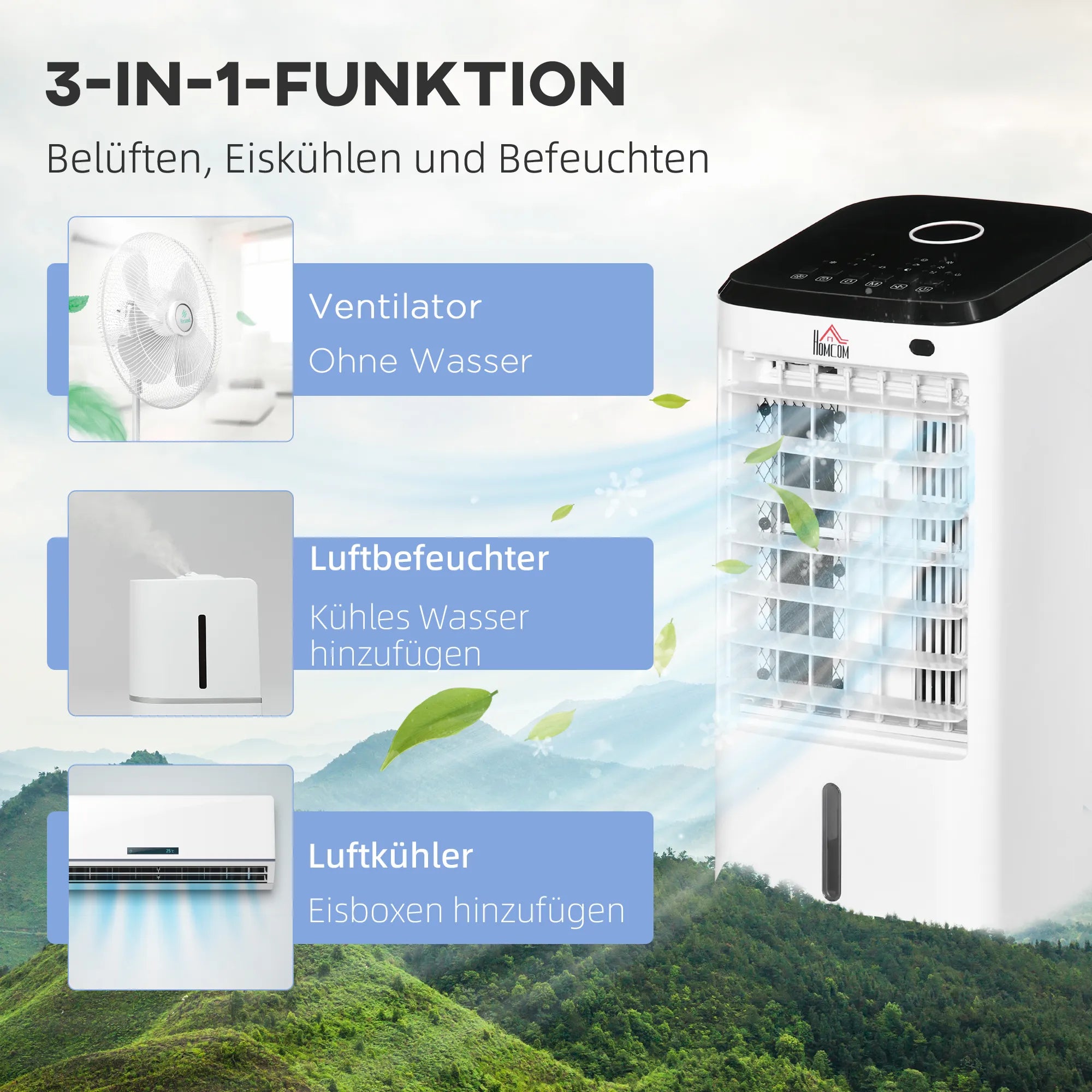 „Min“ oro kondicionierius, kambarinis oro kondicionierius, 3 režimai, laikmačio funkcija, 24,5 cm x 27 cm x 60 cm, kreminė balta + juoda