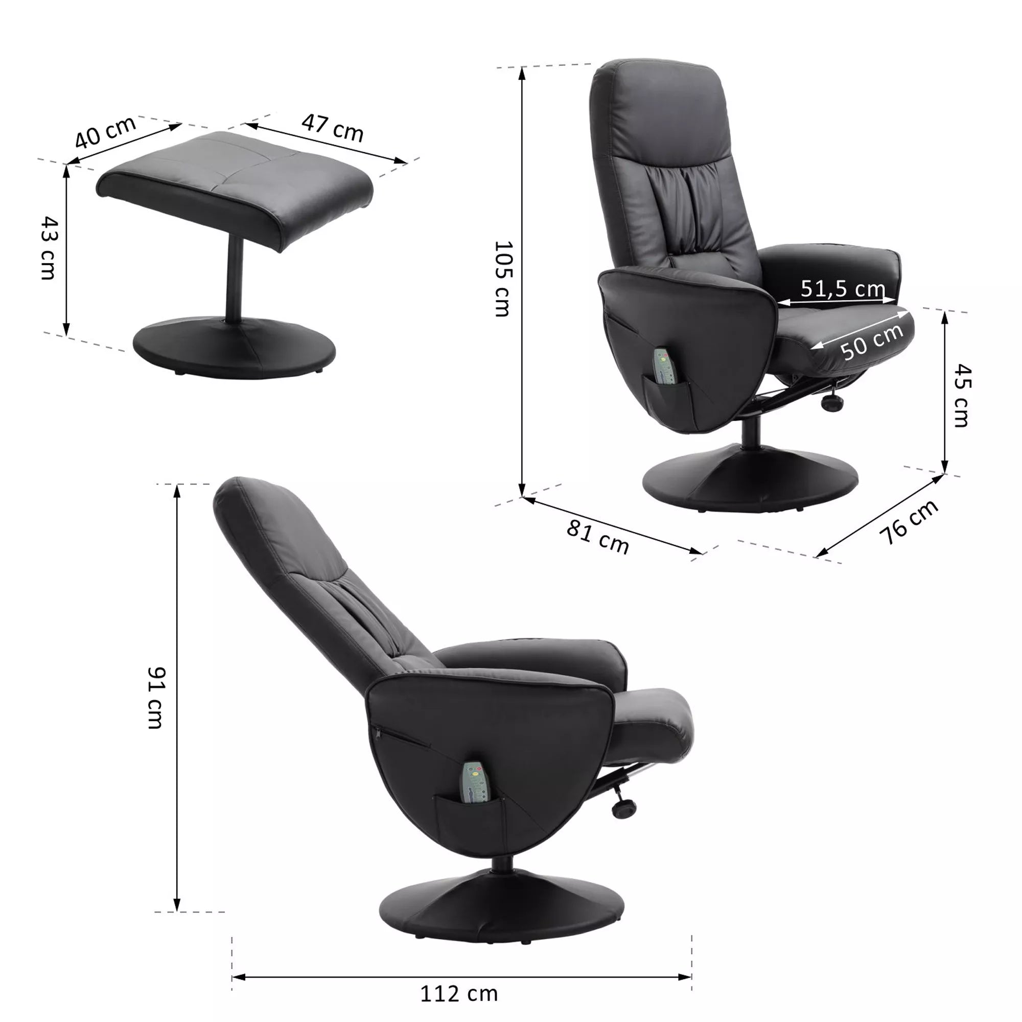 Fotelio ir taburetės matmenų schema: 105 cm aukštis, 81 cm gylis