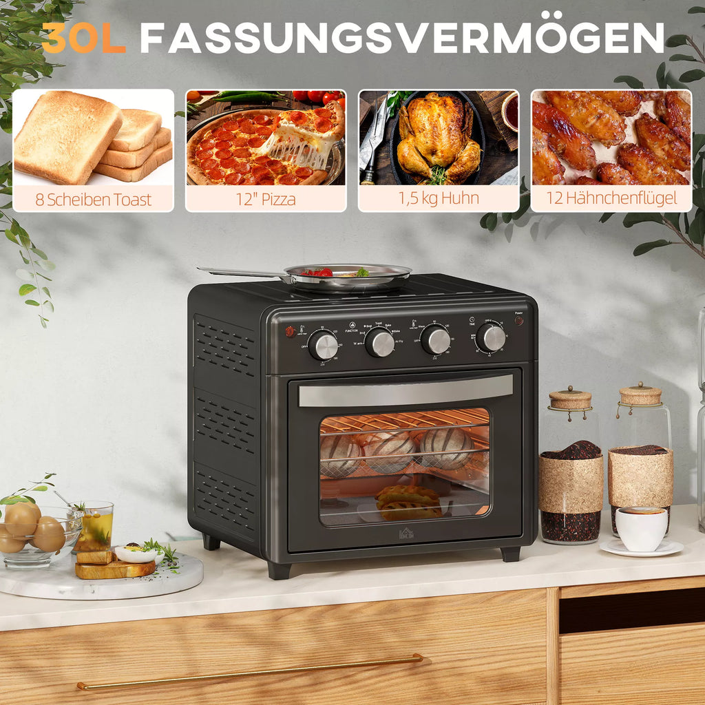 Mini orkaitė, karšto oro gruzdintuvė, 90–230 °C, 7 programos, priedai, juoda