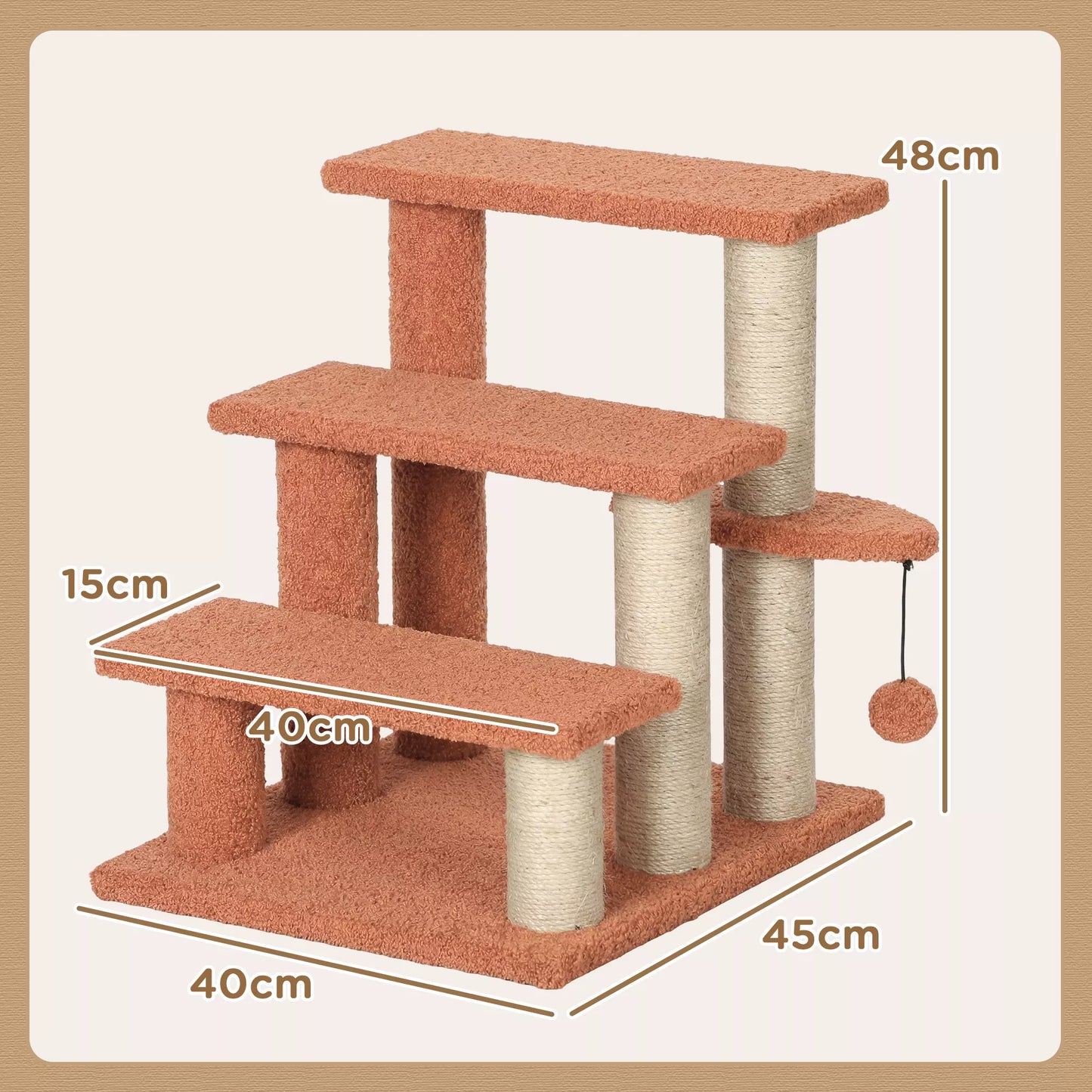 Kratzbaum, naminių gyvūnėlių laiptai, 3 pakopos, žaislinis kamuolys, iki 5 kg, 45x40x48 cm, rudi