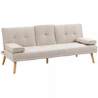 Smėlio spalvos sofa-lova su nulenkiamomis porankėmis baltame fone