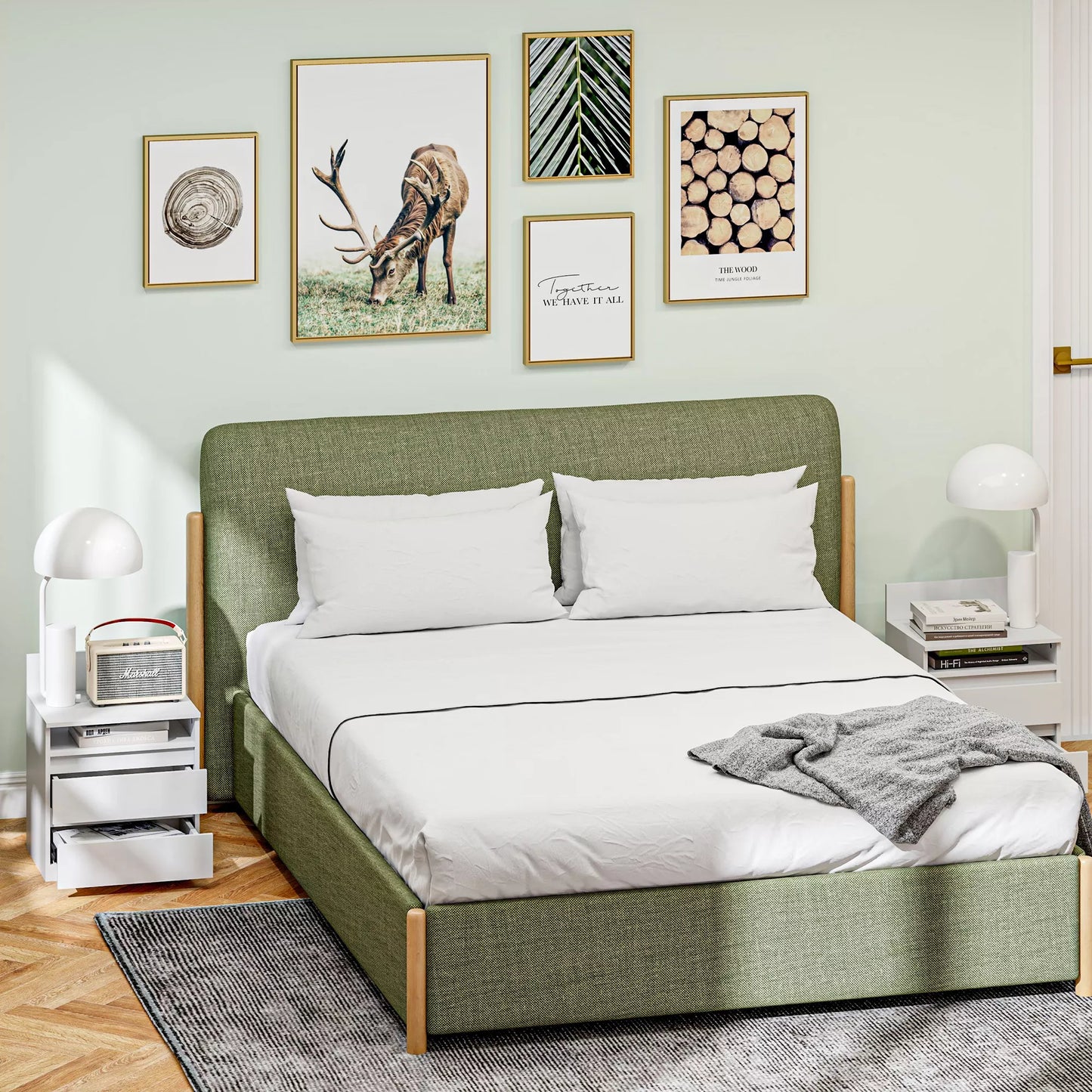 Naktinis staliukas 2 vnt. komplekte su stalčiais ir lentyna, modernus, baltos spalvos, miegamajam