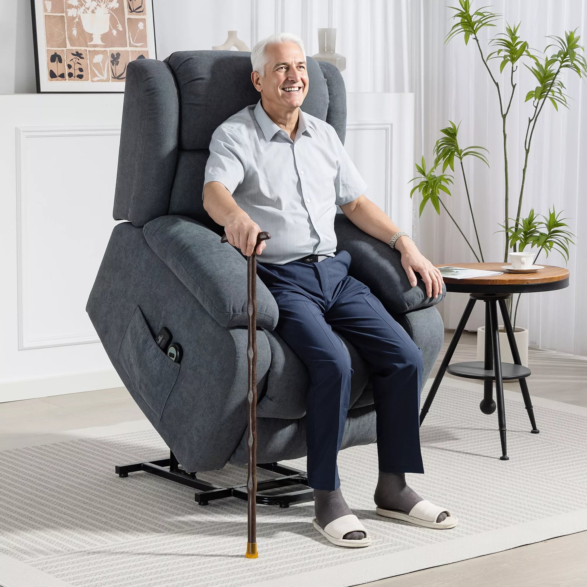 Elektrinis televizoriaus fotelis su pakėlimo funkcija, poilsio fotelis su gulėjimo ir masažo funkcijomis, 93x91x103 cm, tamsiai pilkas