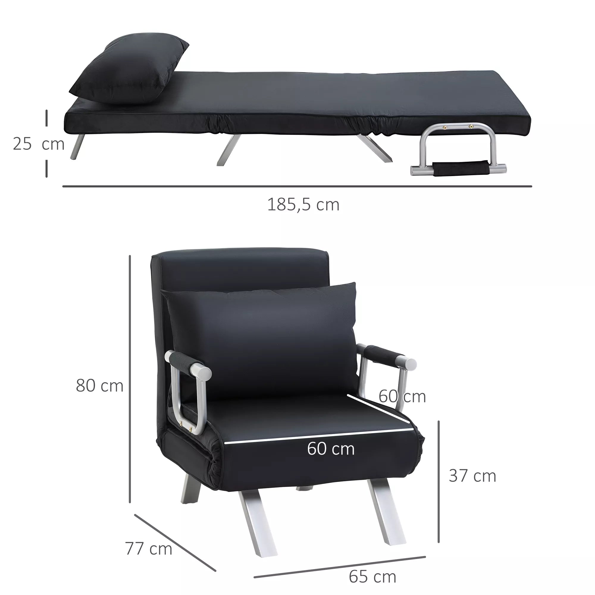 Schema su fotelio matmenimis: ištiesta 185,5 cm, fotelis 80 cm, sėdynė 60 cm