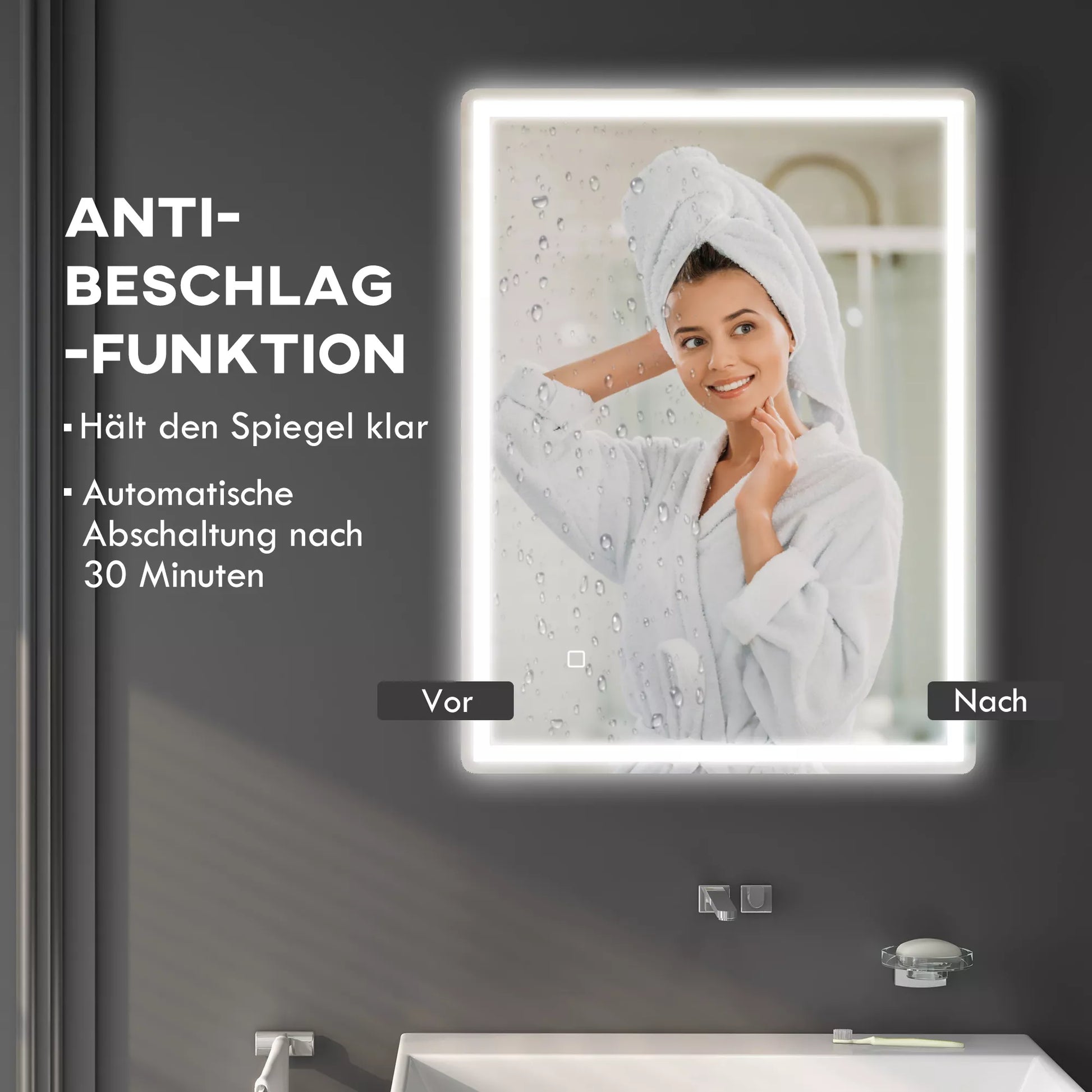 Vonios veidrodžiai Vonios veidrodžiai Sieniniai veidrodžiai LED. Ber, jungiklis, apsauga nuo rasos, 60 x 80 x 4 cm, balti