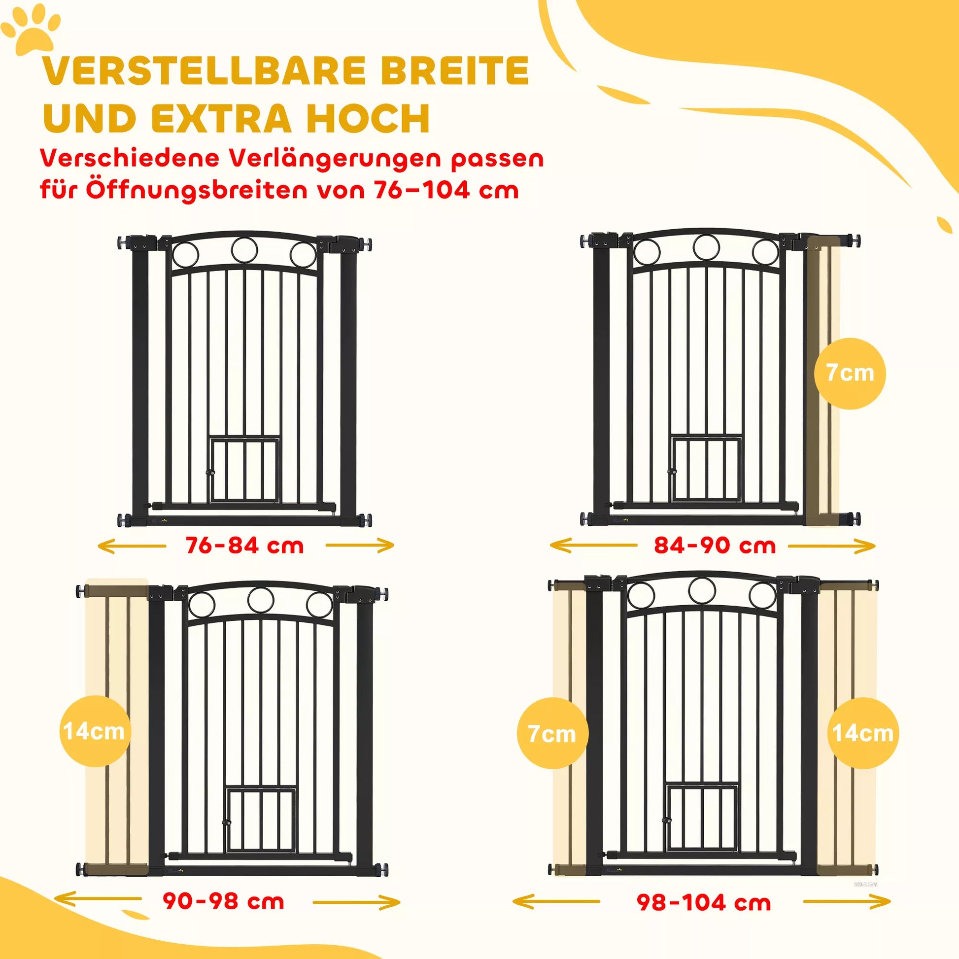Naminių gyvūnų varteliai, 96 cm laiptų užtvaros, reguliuojamas plotis 76–104 cm, su katės durelėmis, skirtos laiptams ir durų angoms, juodos spalvos