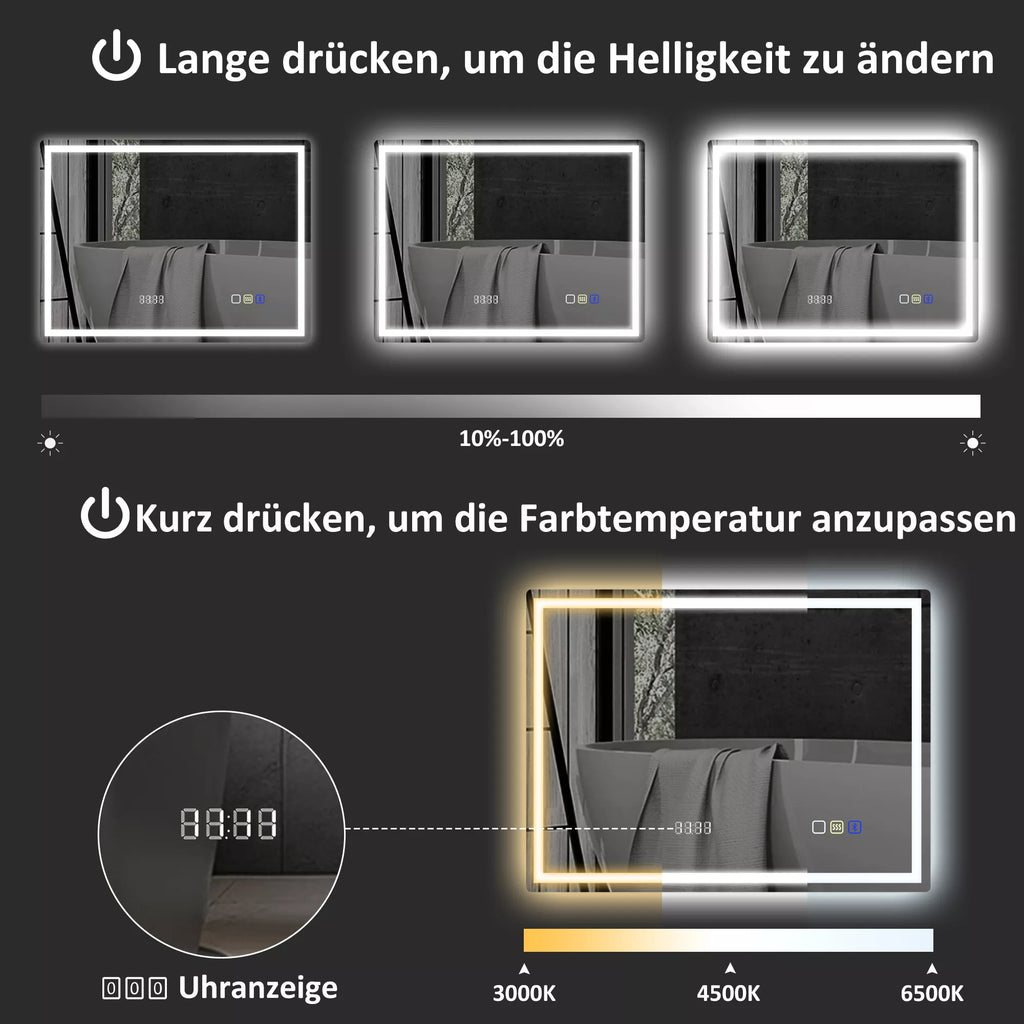 Vonios veidrodis su LED apšvietimu, Bluetooth ir laikrodžiu 60 x 80 cm, sidabrinės spalvos