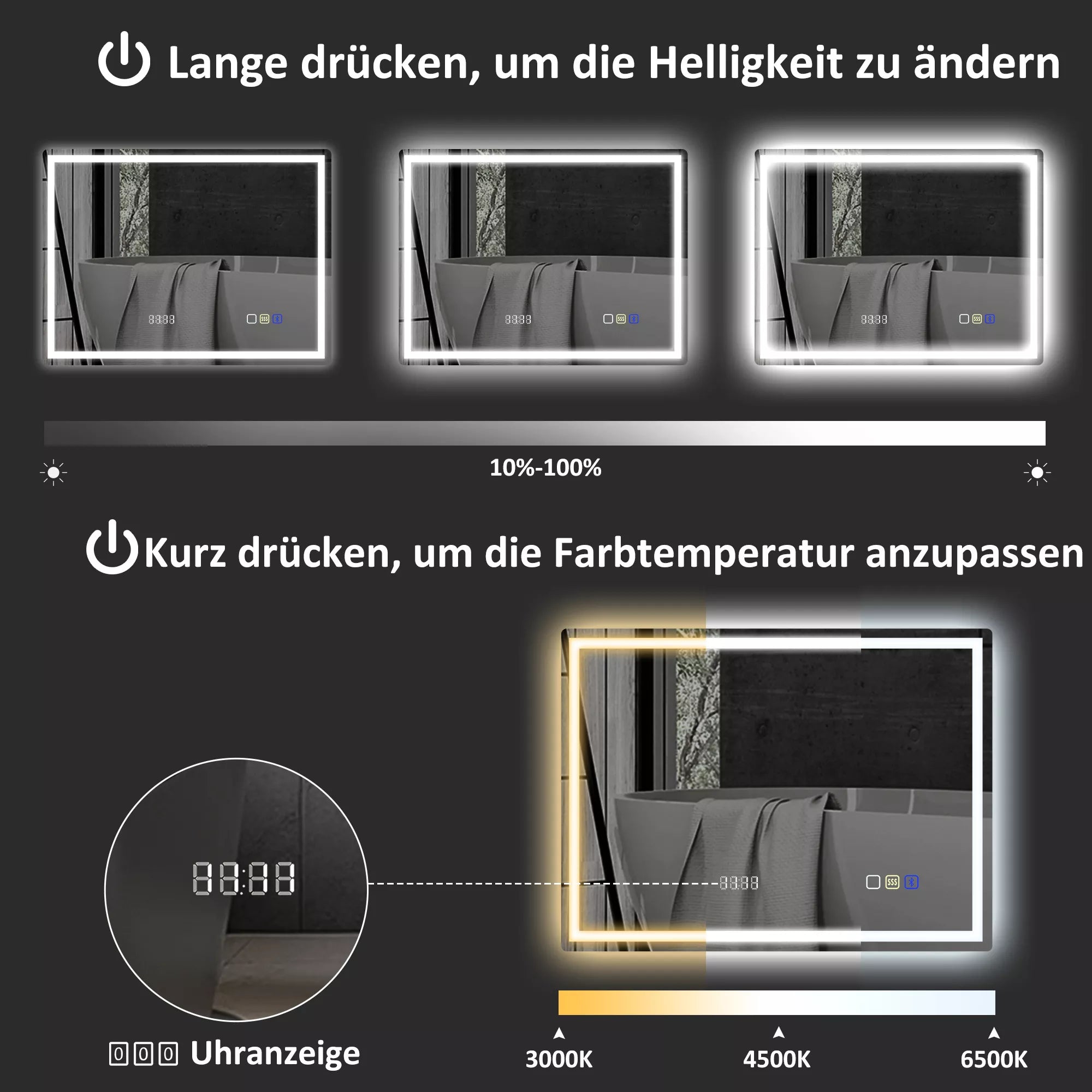 Vonios veidrodis su LED apšvietimu, Bluetooth ir laikrodžiu 60 x 80 cm, sidabrinės spalvos