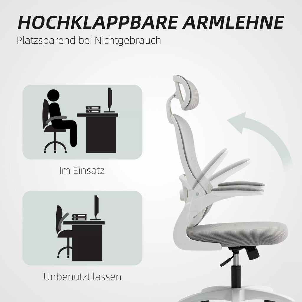 Ergonomiška biuro kėdė su tinklinės medžiagos atlošu, reguliuojamo aukščio, sulankstomais porankiais, 5 ratukais, sūpynės funkcija, pilkos spalvos