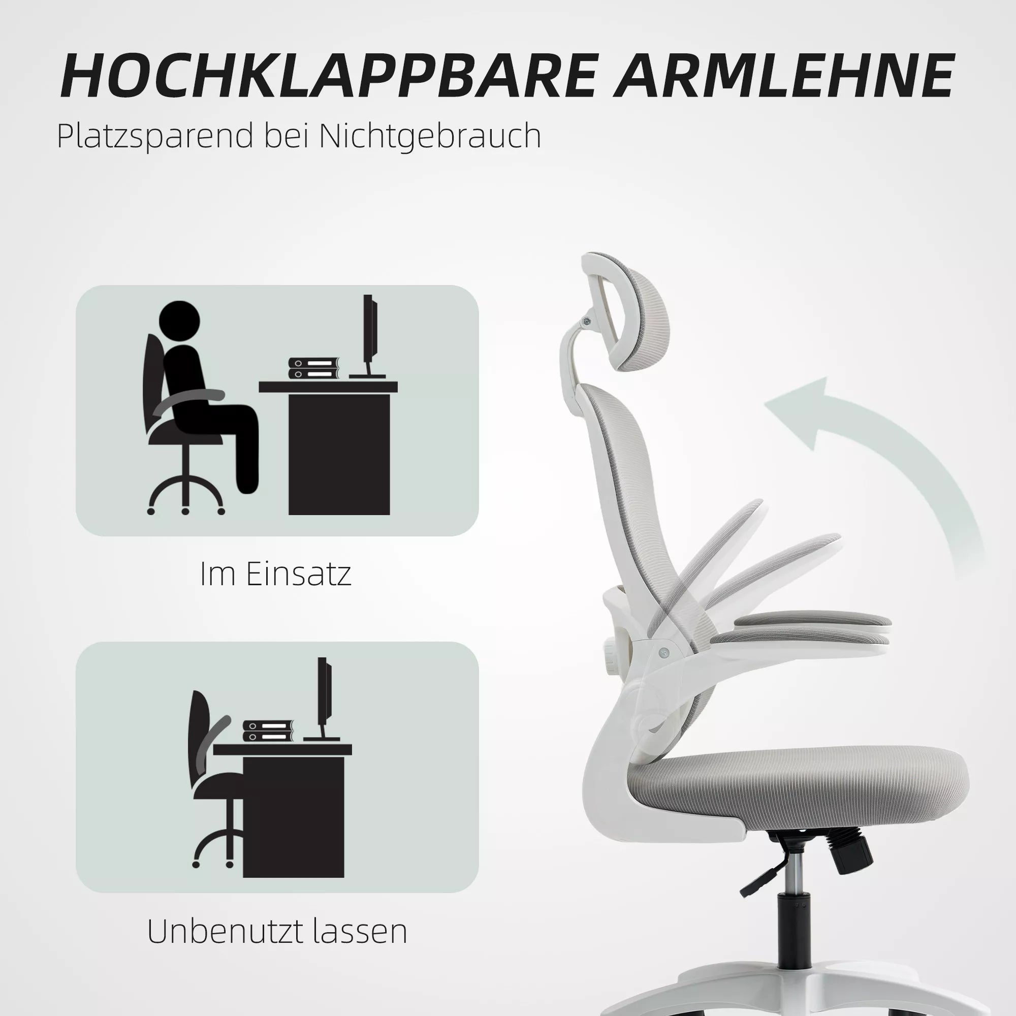 Ergonomiška biuro kėdė su tinklinės medžiagos atlošu, reguliuojamo aukščio, sulankstomais porankiais, 5 ratukais, sūpynės funkcija, pilkos spalvos