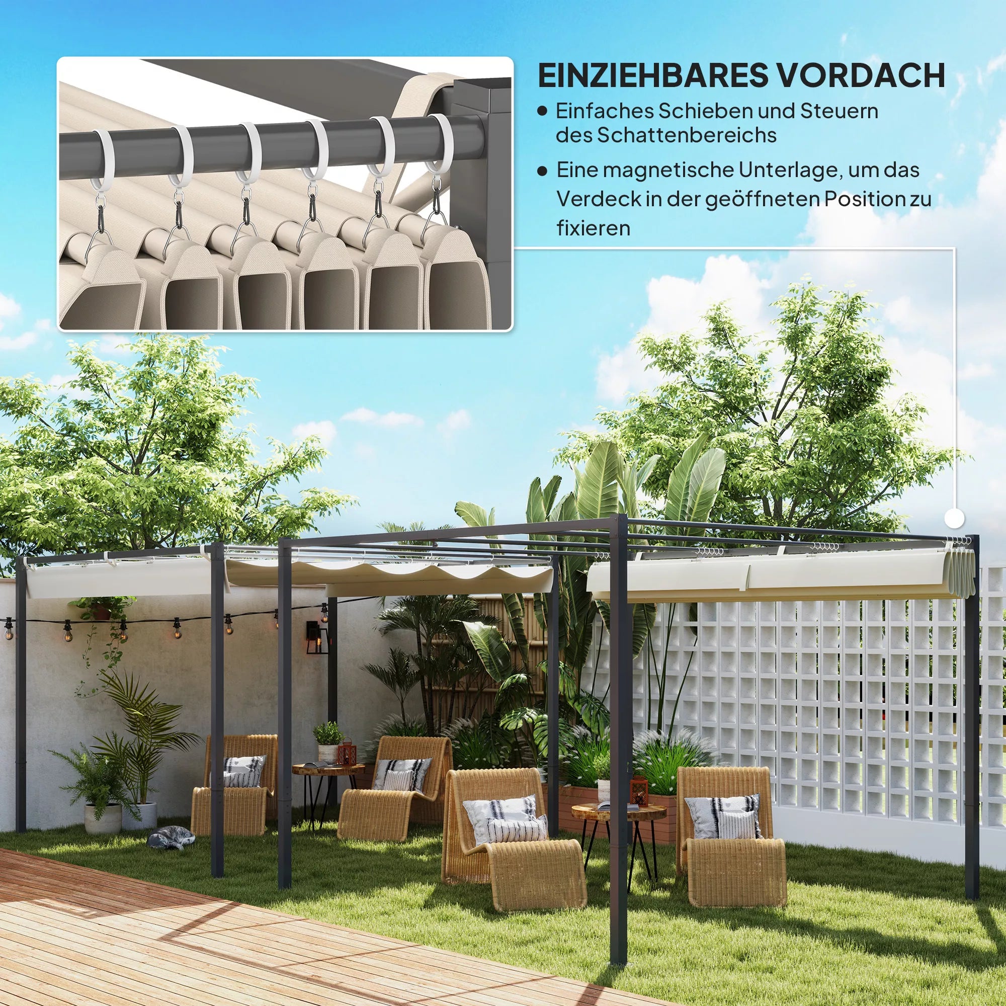 3 x 3 m sodo pergola su ištraukiamu stogu, pavėsine, baldakimu šešėliui, UPF30+, smėlio spalvos