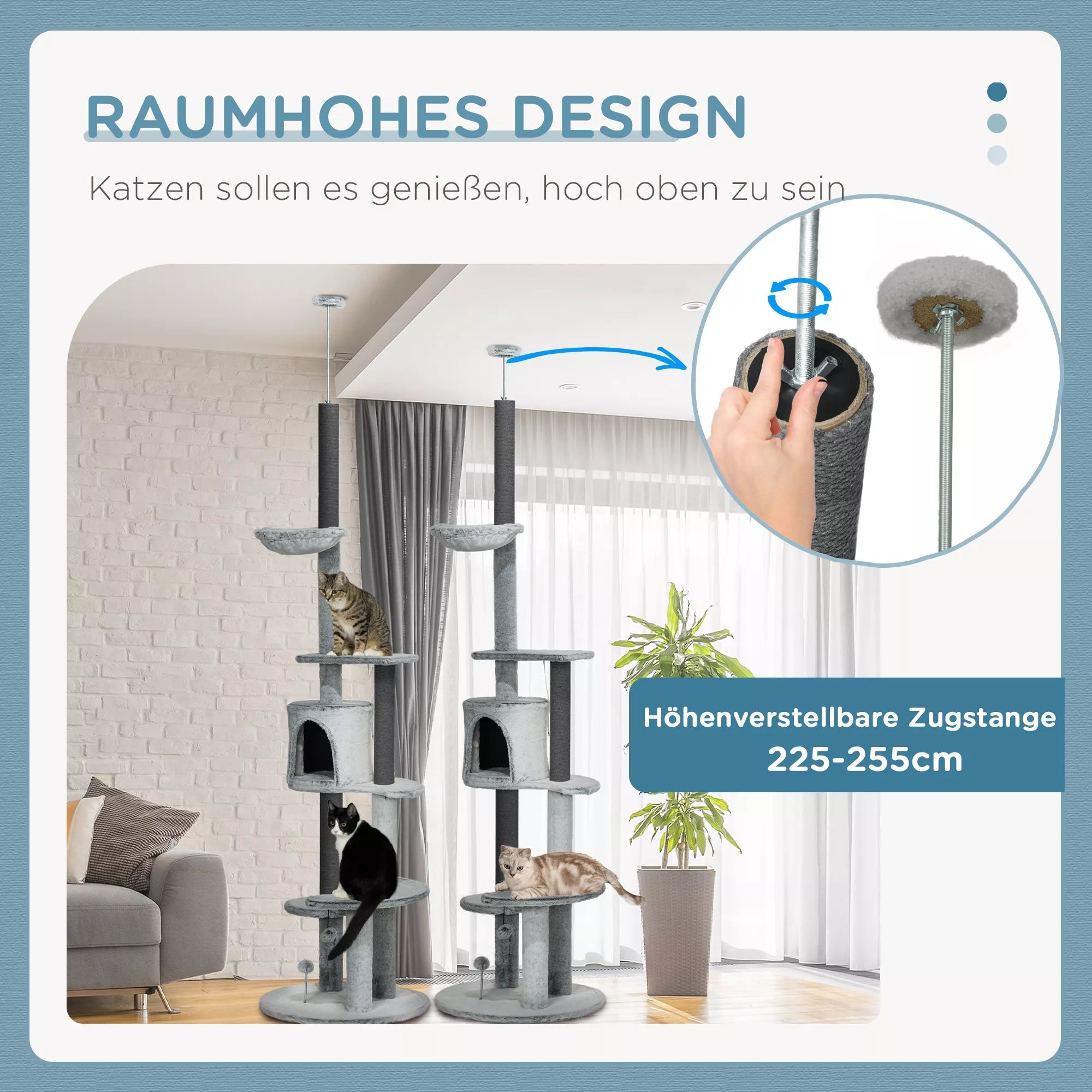 Katės draskyklė iki lubų su hamaku, nameliu ir platformomis, 225–255 cm, pilka