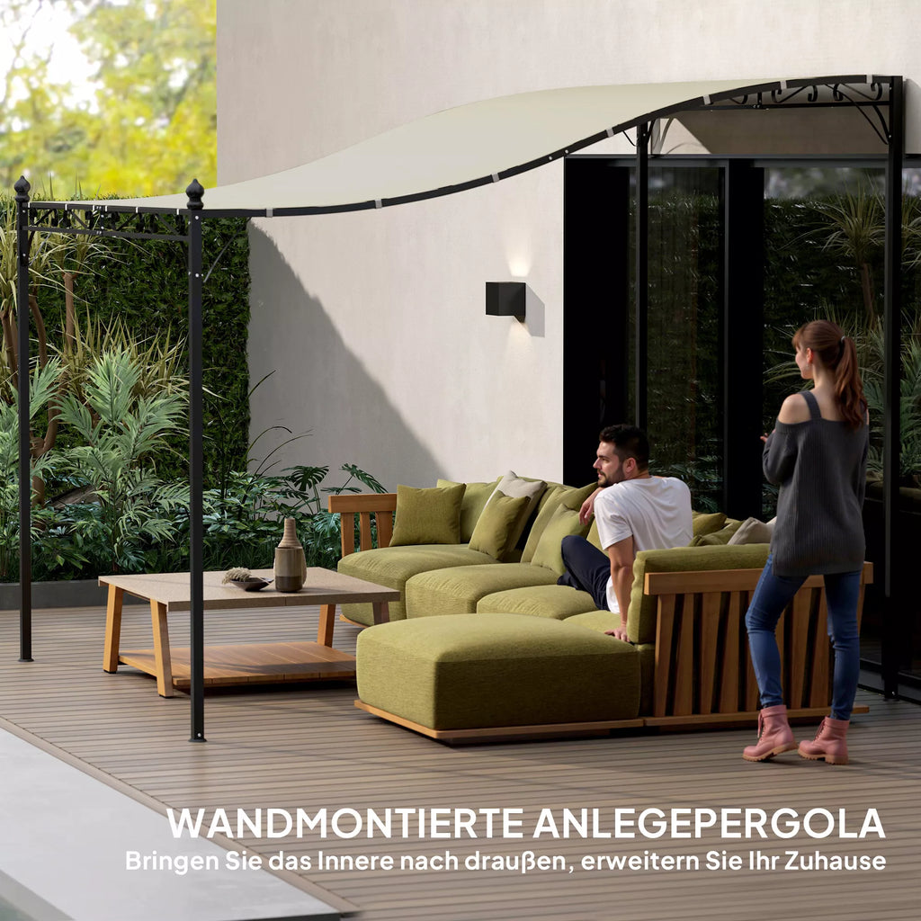 2,5 x 3 m pergola, prie sienos montuojamas sodo paviljonas, atsparus vandeniui, metalinis rėmas, nuotekų angos, šešėlinis stogas, kreminės baltos spalvos