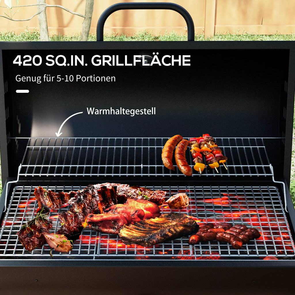 Metalinis anglies grilis BBQ Smoker su dangčiu, termometru, ratukais, grilio vežimėliu 95x71,5x102 cm, juodos spalvos