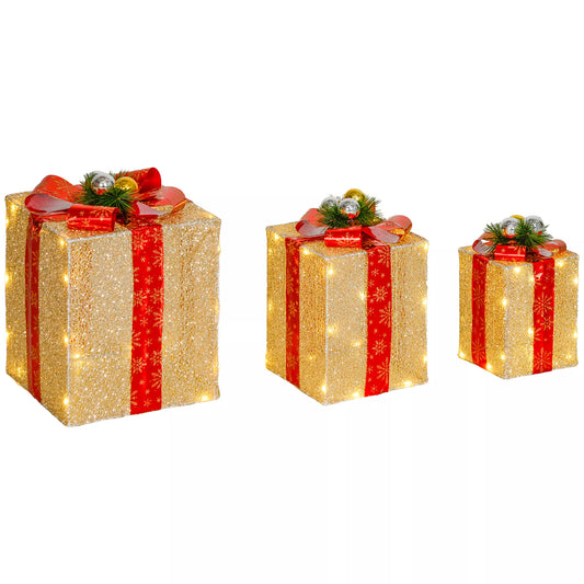 3 dalių kalėdinių dovanų dėžučių rinkinys vidiniam ir lauko dekoravimui, su 58 LED lemputėmis, aukso spalvos