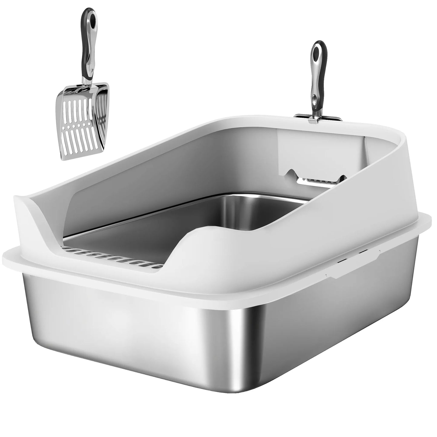 Katės tualetas iš nerūdijančio plieno Atviras katės tualetas su aukštu kraštu ir kastuvu, skirtas didelėms katėms iki 7 kg, 60,2 x 40,2 x 29,7 cm, pilkos spalvos