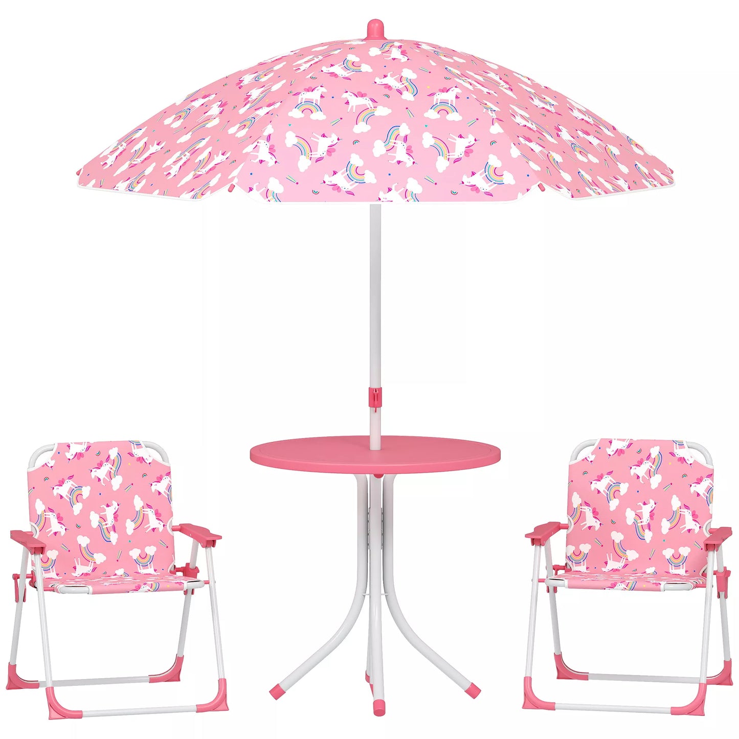 Vaikiškų baldų komplektas, 4 dalių baldų rinkinys su nuimamu skėčiu nuo saulės ir 2 sulankstomomis kėdėmis, plienas ir tekstilė bei plastikas, rožinė