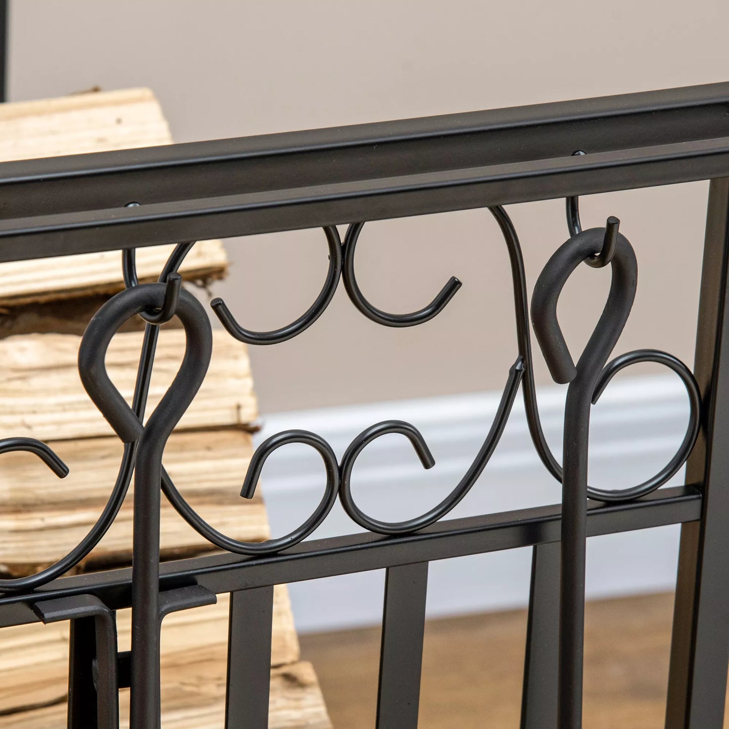 Malkų stovas židiniui su įrankių rinkiniu, malkų laikiklis, plienas, juodas 75 x 30 x 60 cm