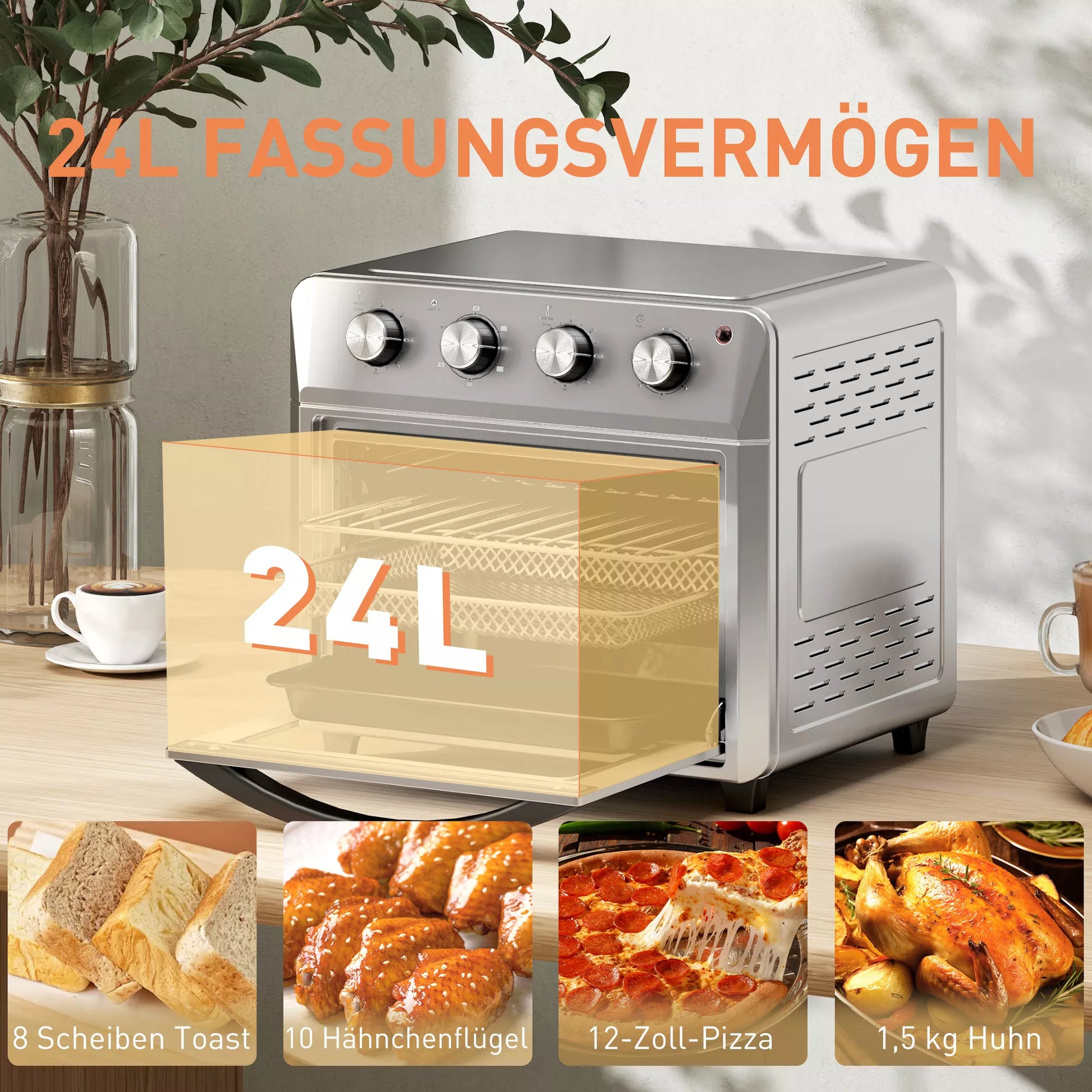 Minikepimo orkaitė su „AirFryer“ funkcija, 6 kaitinimo režimai, laikmatis, priedai, 24 l, sidabrinė
