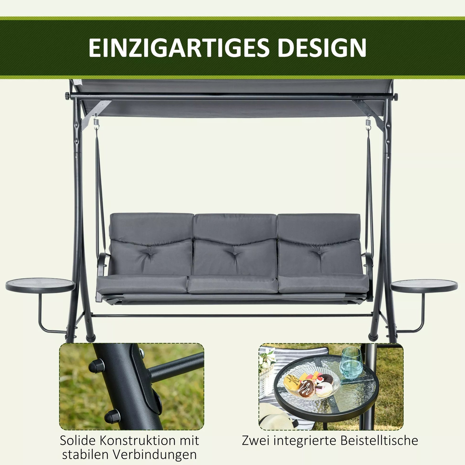 Sūpuoklė 3 vietų sodo sūpuoklės Supamoji suoliukas su reguliuojamu stogeliu nuo saulės Arbatos staliukas Plienas Poliesteris Pilka+Juoda 271 x 125 x 177 cm