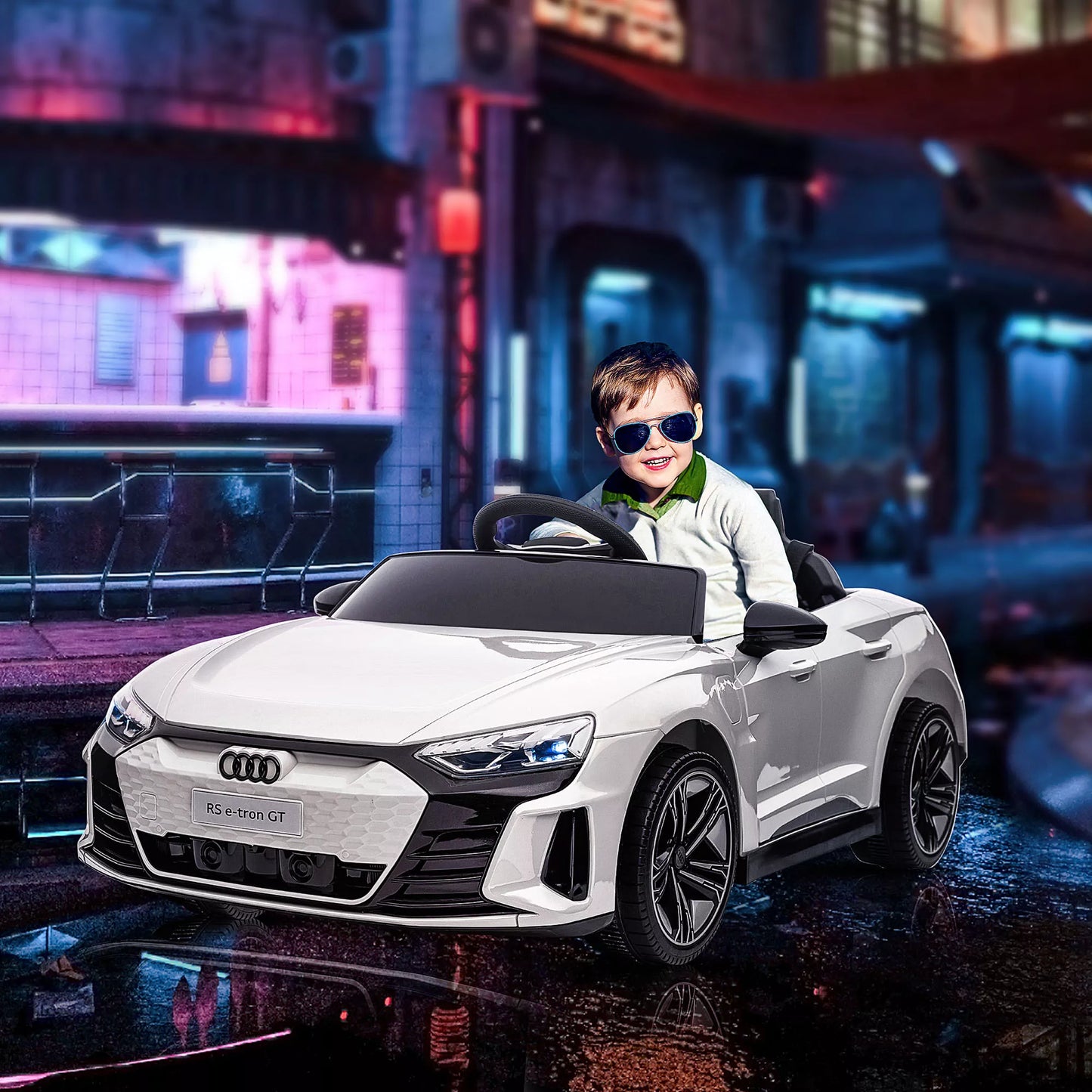 Elektrinis automobilis vaikams Audi RS e-tron GT su saugos diržu, nuotolinio valdymo pulteliu, priekiniais žibintais, muzikos funkcija, baltas, 103 x 58 x 41cm