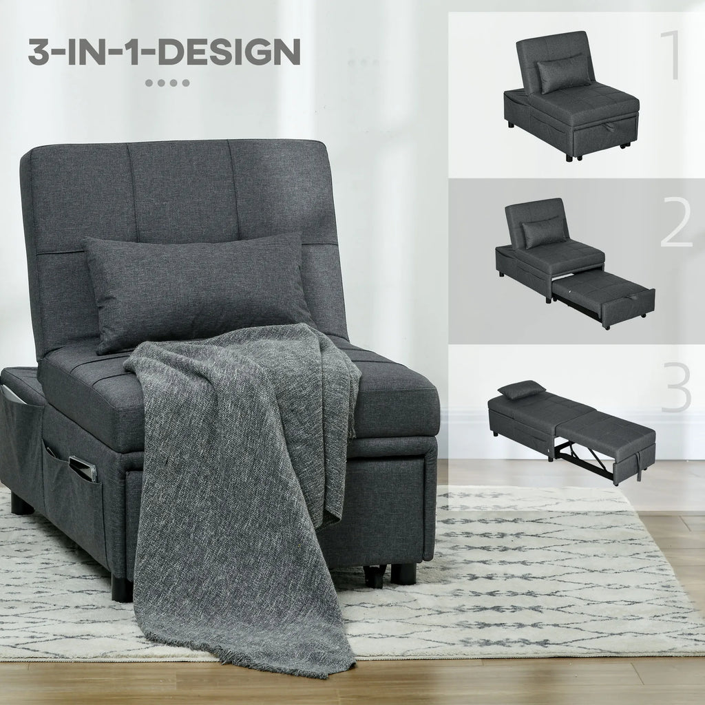 Patogus atlošiamasis fotelis-lova 3-in-1 fotelis, modernus, iki 150 kg, lininės išvaizdos, su pagalvėle, 65,5 x 104 x 81 cm, tamsiai pilkas