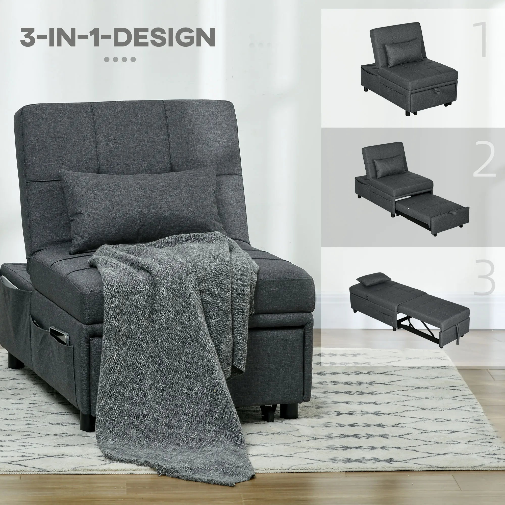 Patogus atlošiamasis fotelis-lova 3-in-1 fotelis, modernus, iki 150 kg, lininės išvaizdos, su pagalvėle, 65,5 x 104 x 81 cm, tamsiai pilkas
