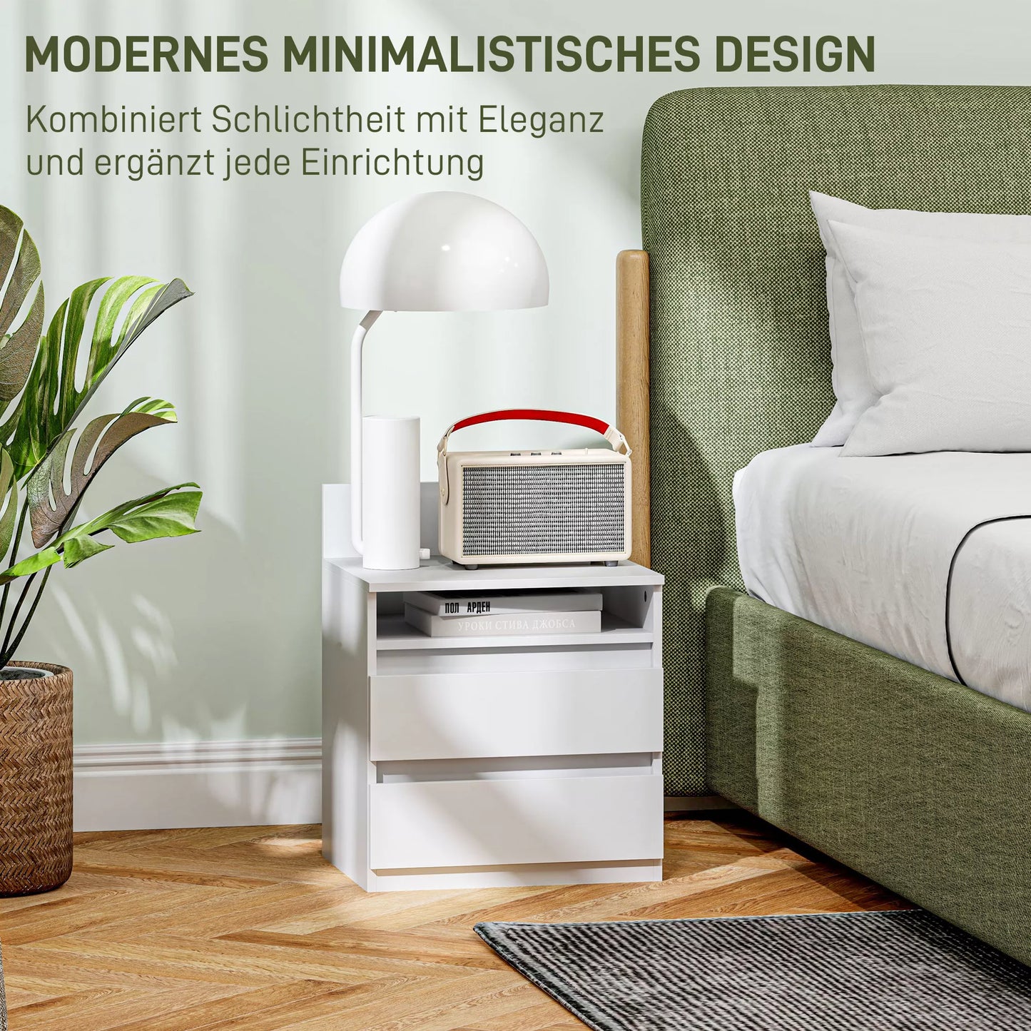 Naktinis staliukas 2 vnt. komplekte su stalčiais ir lentyna, modernus, baltos spalvos, miegamajam