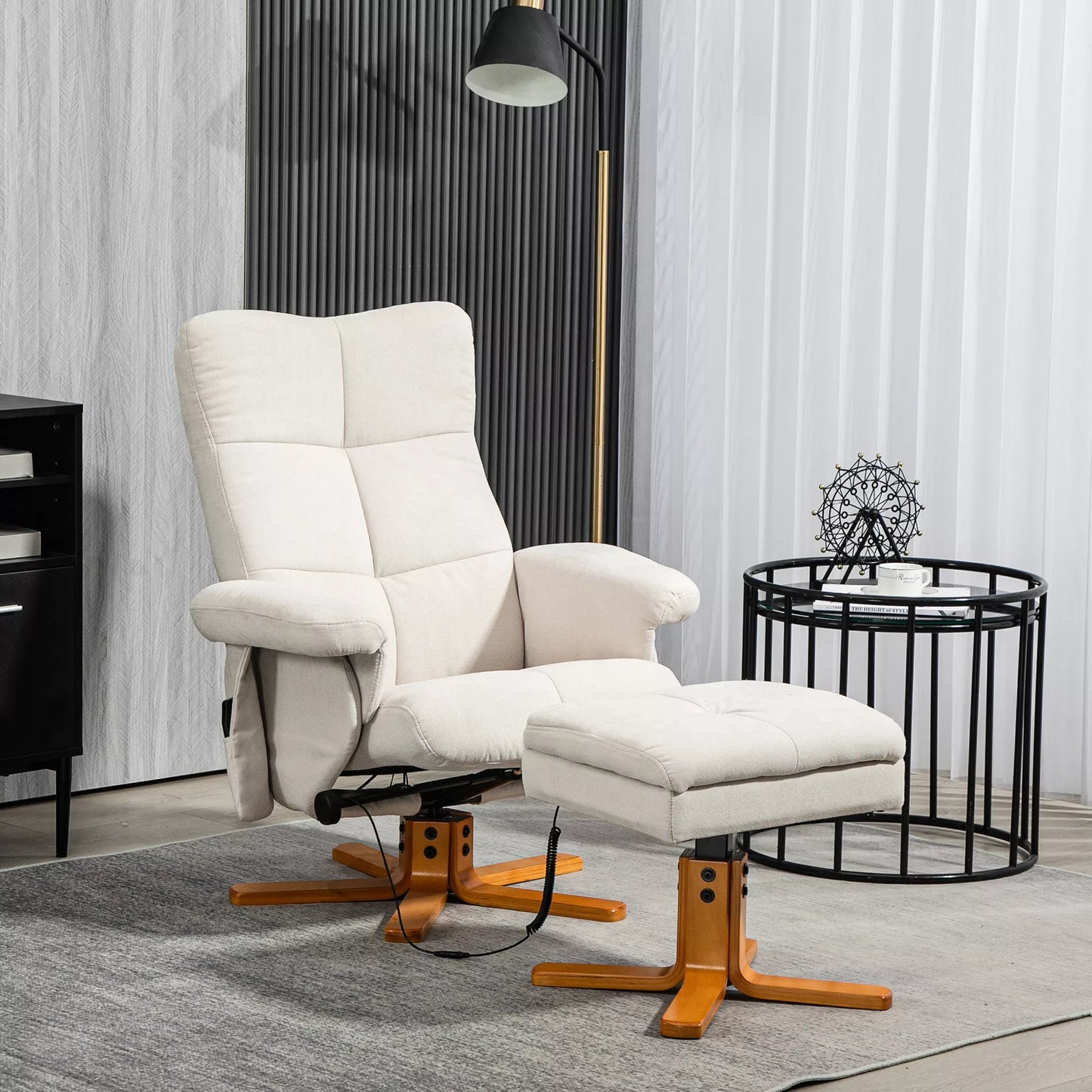 HOMCOM Masažinė kėdė su atlošimo funkcija ir pėdų atrama, 145° atlošimo kampas, poliesteris, 80 x 86 x 99 cm, kreminės baltos spalvos