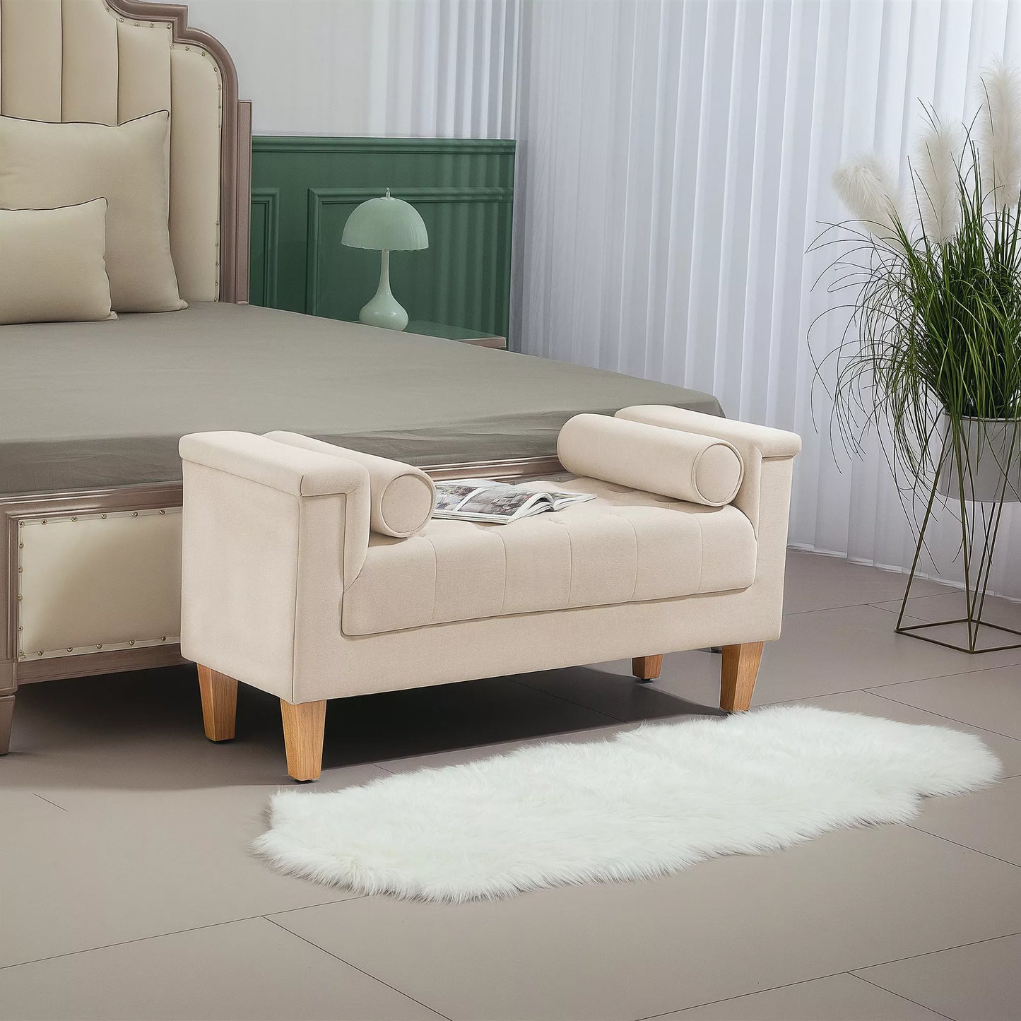 Minkštasuolis, vintažinio dizaino, 2 pagalvėlės, šenilinis užvalkalas, 115 x 44 x 58 cm, smėlio spalvos