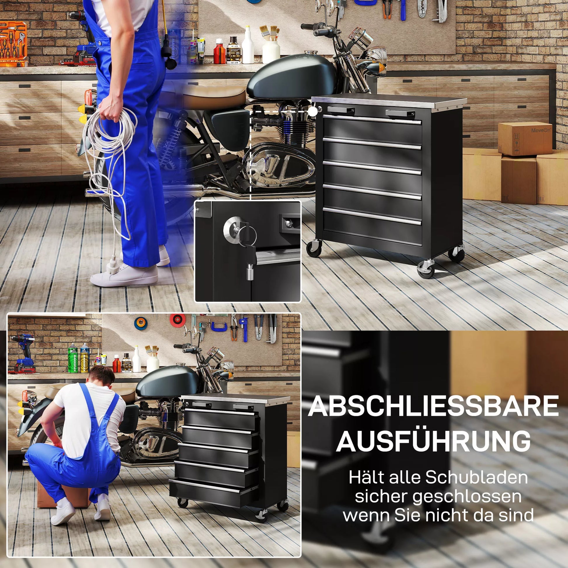 Įrankių vežimėlis su 5 stalčiais, ratinė įrankių dėžė, plieninis įrankių spintelė, sidabro+juoda