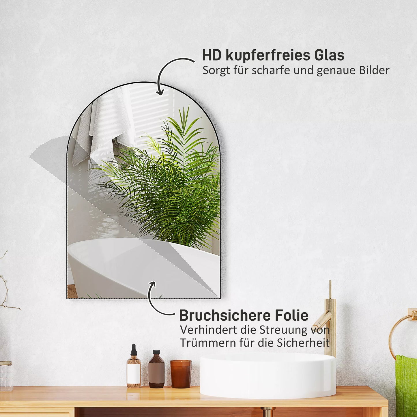 Išlenktas vonios veidrodis, 50 x 70 cm, vonios veidrodis su aliuminio rėmu, dekoratyvinis veidrodis, virtuvė, juodas