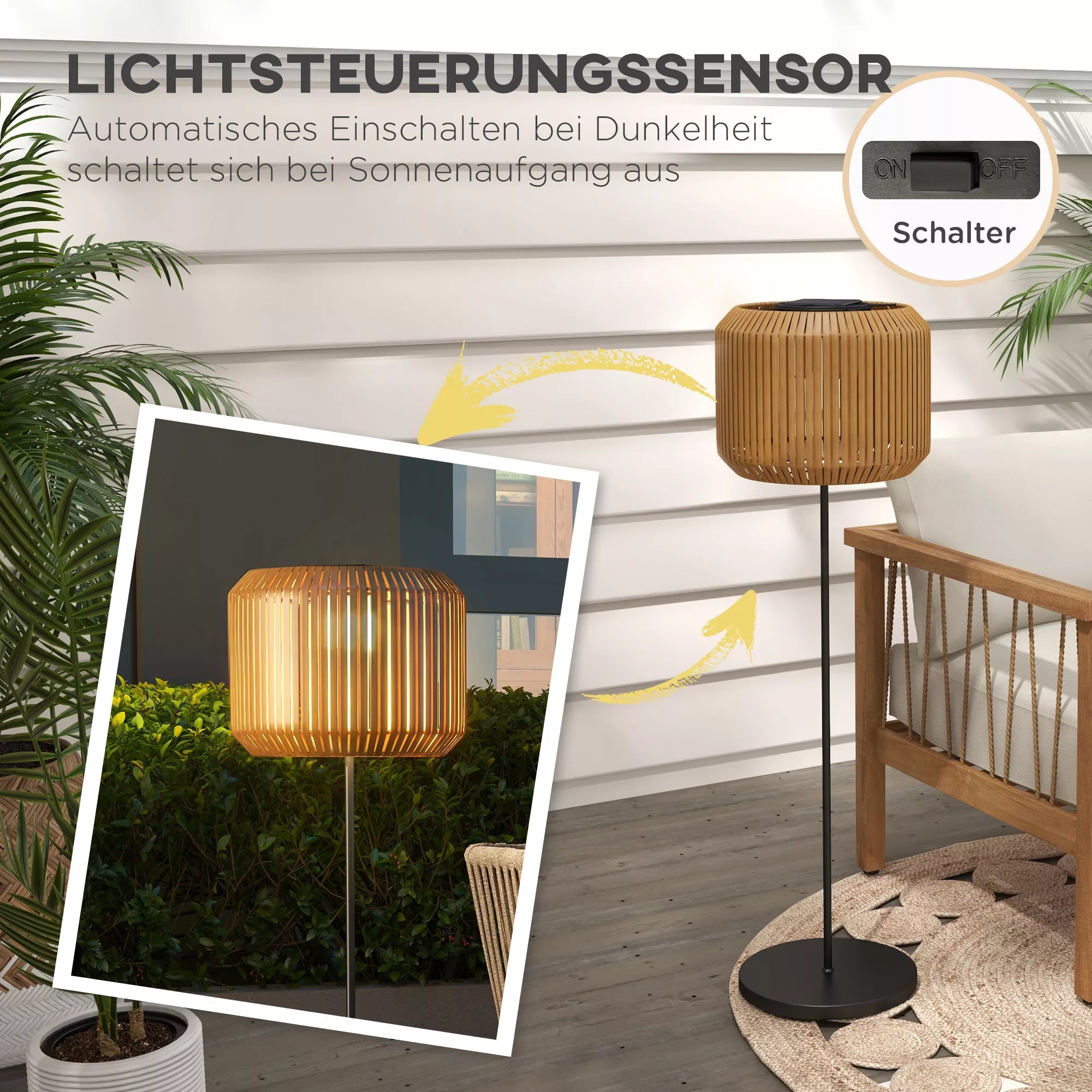 Rotango lauko šviestuvas, saulės energija maitinama sodo lempa, automatinis įjungimas, LED, atspari atmosferos poveikiui, metalinis rėmas, Ø34 x 130 cm, juoda/geltona