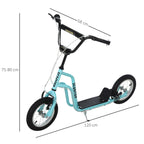 Mėlyno vaikiško paspirtuko matmenų schema: 120 cm ilgis, 75–80 cm vairuų aukštis