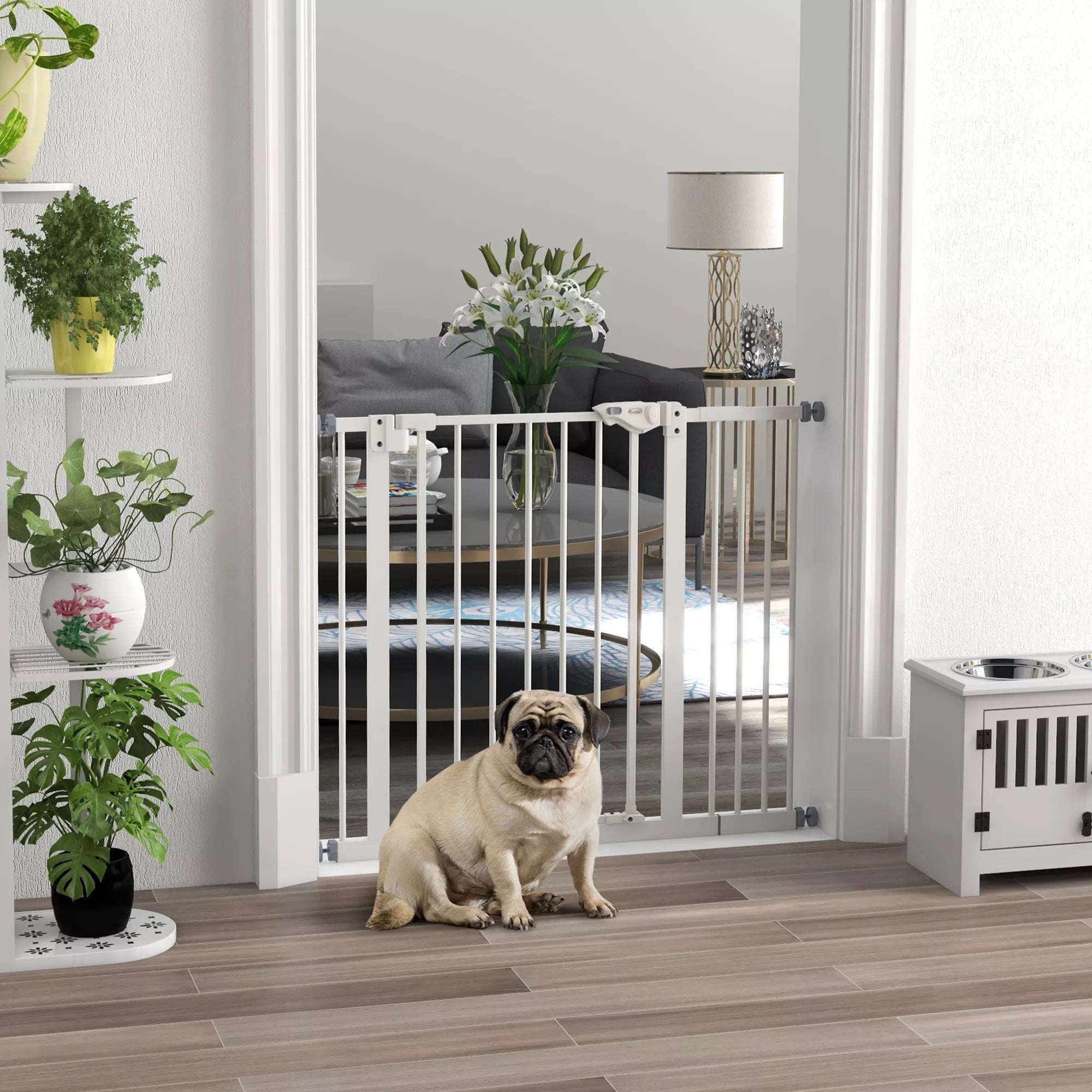Durų apsauginės grotelės šunims, užtvaros, apsauginės grotelės naminiams gyvūnams, metalas, plastikas, 74–80/87–94 cm, baltos spalvos
