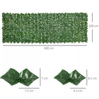 Dirbtinės gyvatvorės matmenų schema: 300 x 100 cm, lapelių dydis 7 ir 6,5 cm