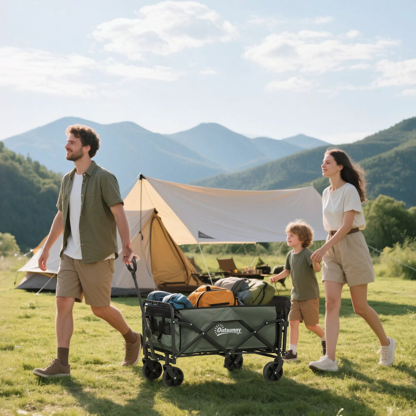 Sodo vežimėlis, kurio keliamoji galia 90 kg, sulankstomas transportavimo vežimėlis su nuimamu tentu, rankena, ratais, 72 litrų talpos, žalios spalvos