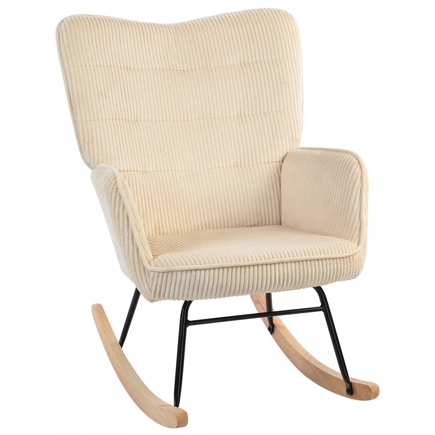 Vintage supamasis krėslas, išlenkti slidės, storas paminkštinimas, bukmedis ir plienas, smėlio spalvos