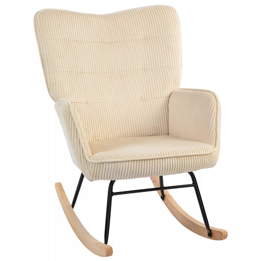 Vintažinis supamasis krėslas, išlenktos atramos, storas paminkštinimas, buko mediena ir plienas, smėlio spalvos