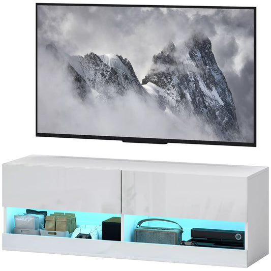 Sieninė TV spintelė su LED apšvietimu, 16 mirksėjimo režimų, atviros lentynos, 120 x 35 x 40,5 cm, balta
