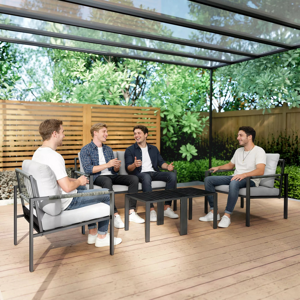 Sodo baldų komplektas 4 asmenims, atsparus oro sąlygoms, balkono baldų komplektas su dviviete sofa, foteliais, sėdimojo pagalvėlėmis ir pagalbiniu staliuku, šviesiai pilkos spalvos