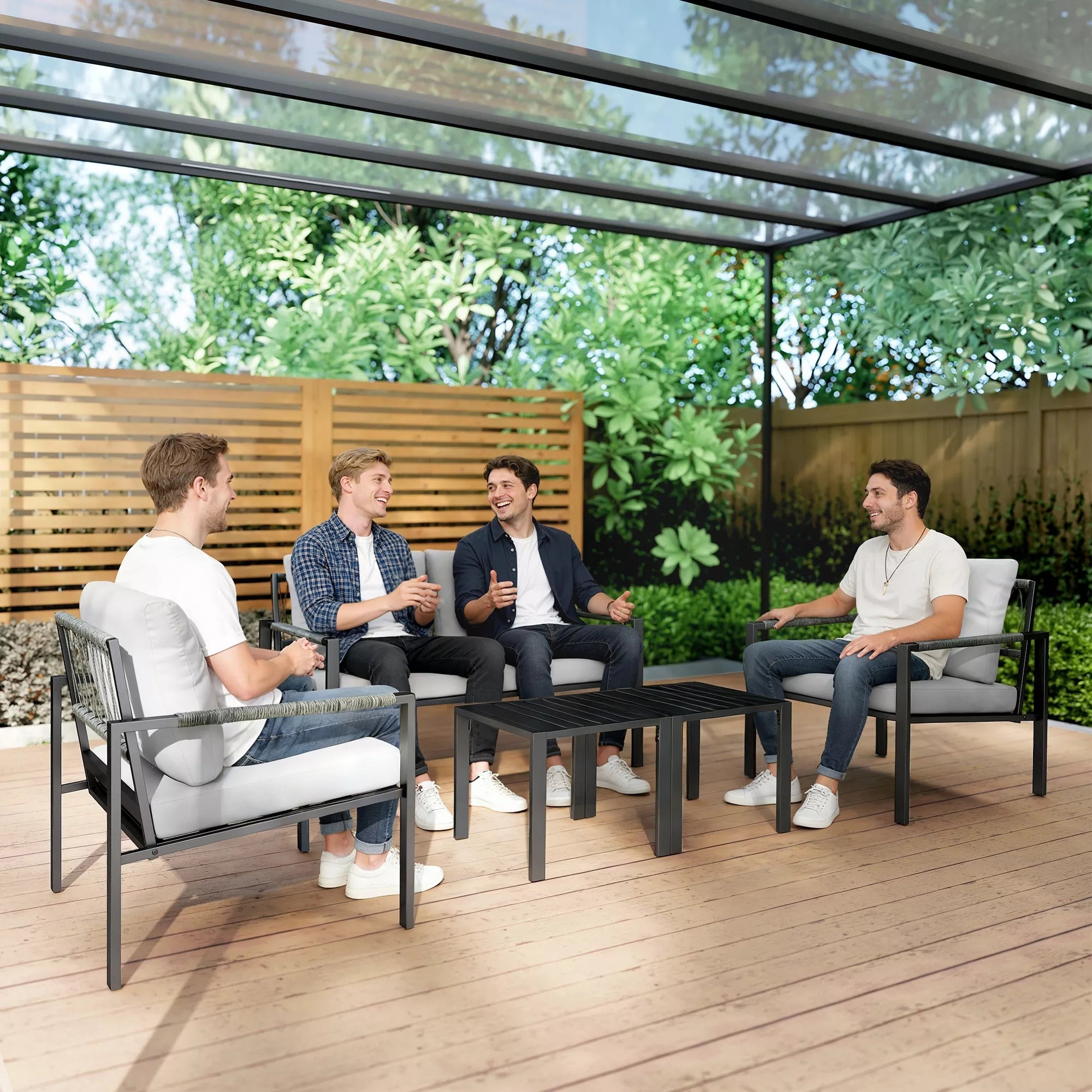 Sodo baldų komplektas 4 asmenims, atsparus oro sąlygoms, balkono baldų komplektas su dviviete sofa, foteliais, sėdimojo pagalvėlėmis ir pagalbiniu staliuku, šviesiai pilkos spalvos
