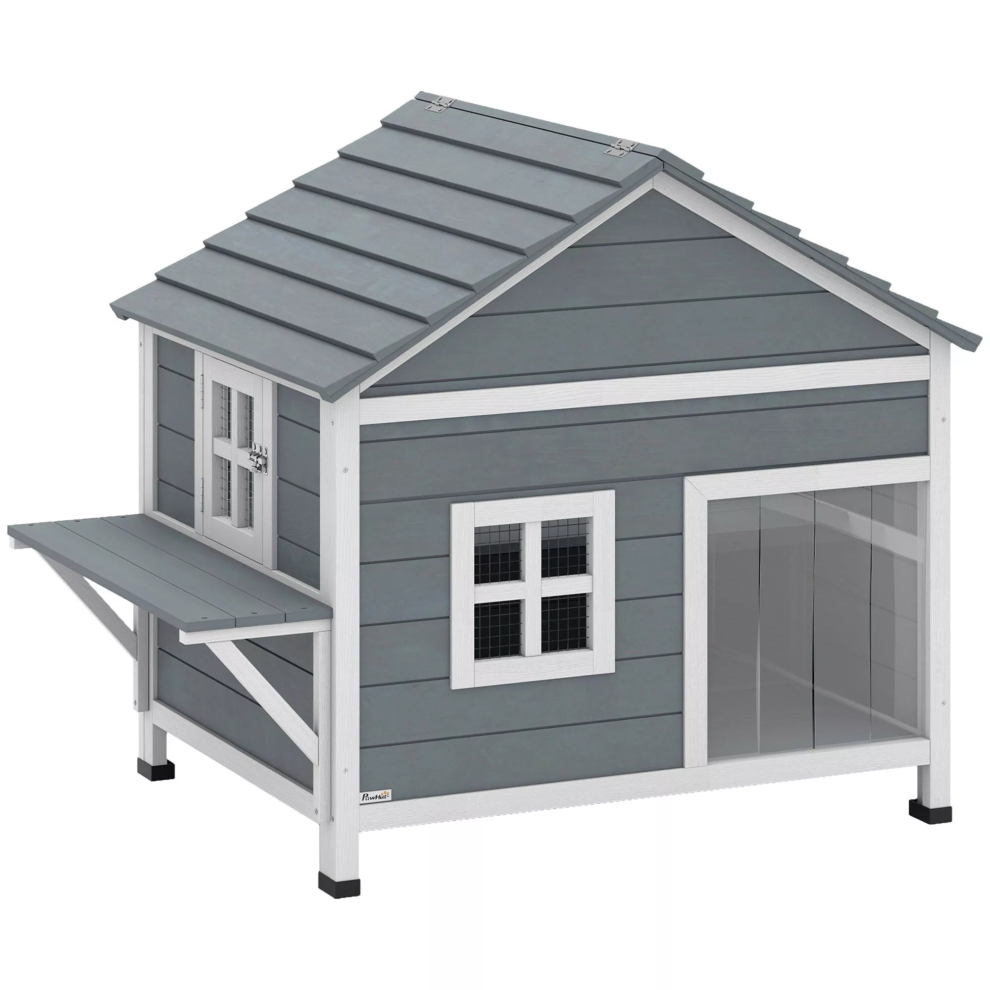 Medinis kačių namelis, 2 aukštų kačių urvas su vandeniui atspariu atverčiamu stogu, šonine platforma, 101x72,5x81 cm, pilkos spalvos